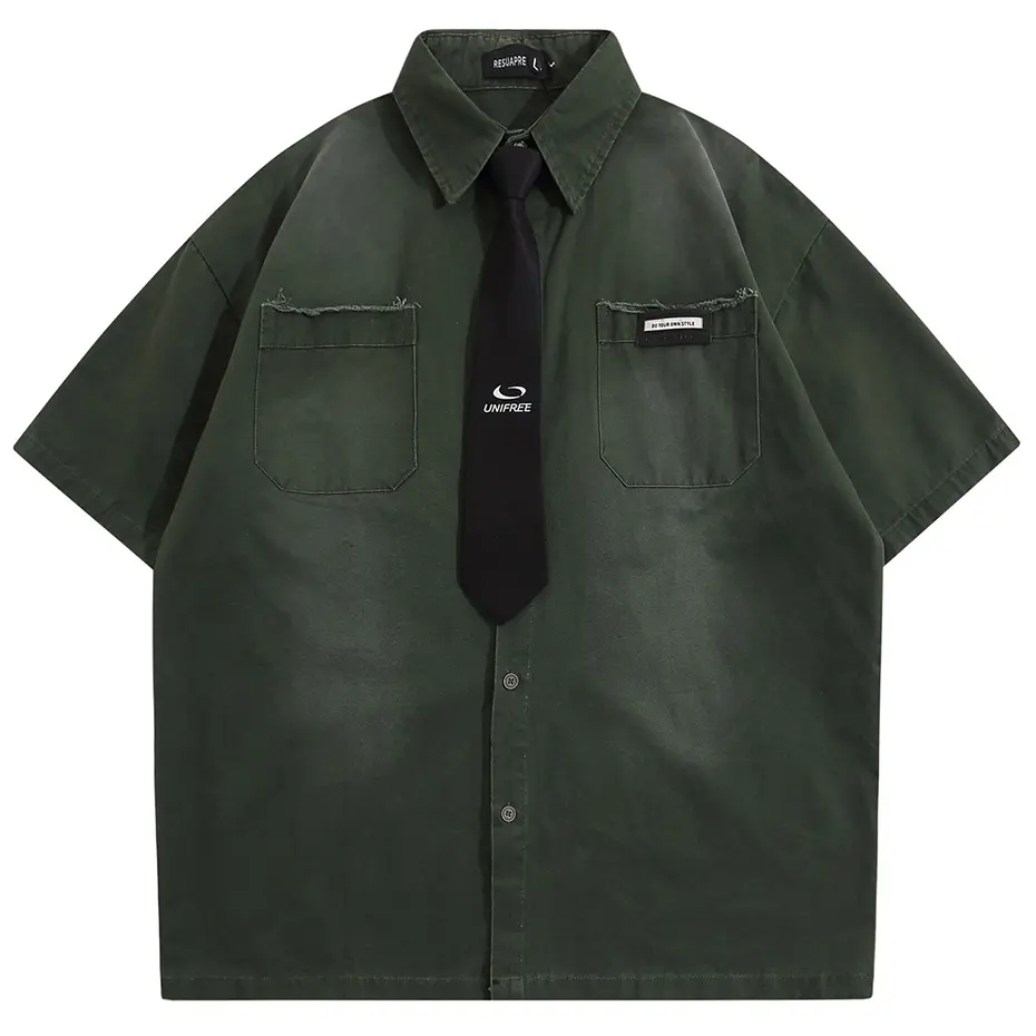 Vintage Shirts with Necktie Unisex Varsity Shirts Summer Loose Short Sleeve Button Up Blouse Hip Hop Oversized Y2K Shirts