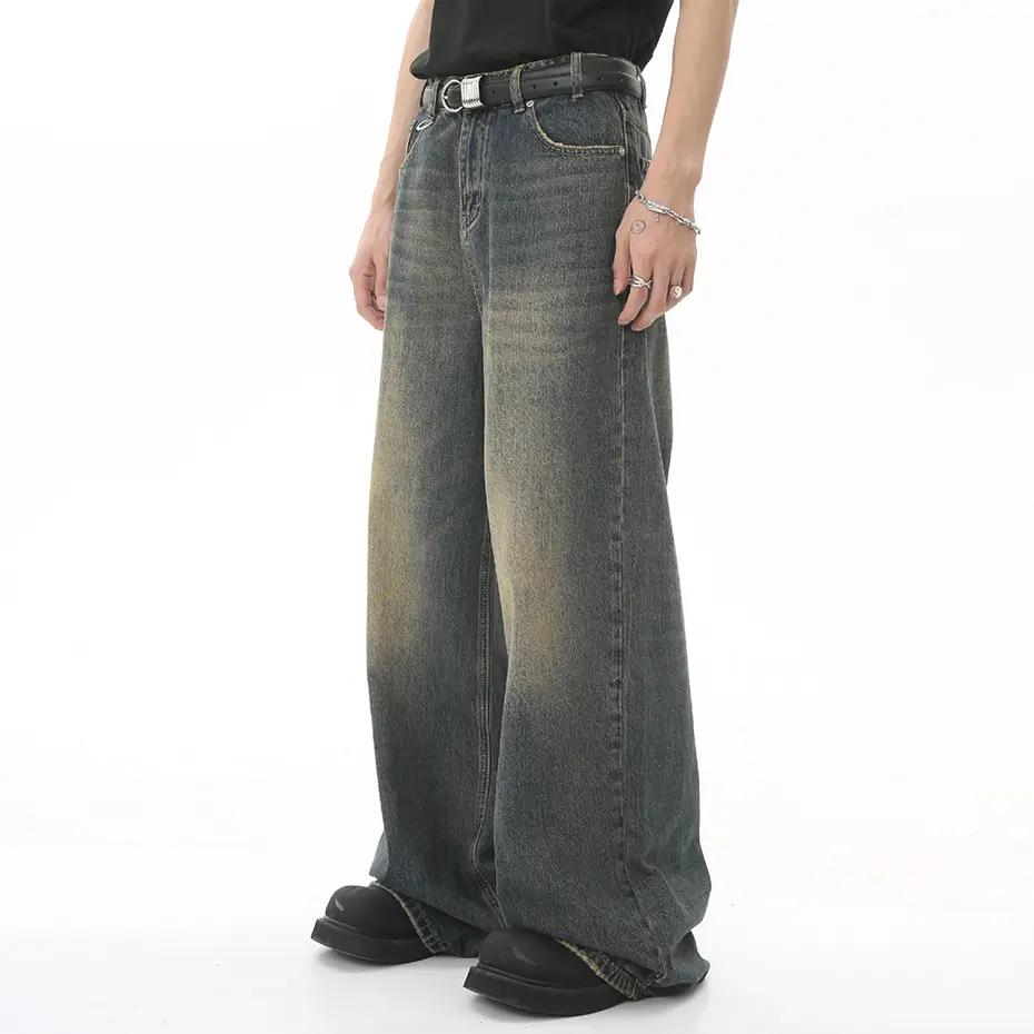 Vintage Blue Loose Denim Pants Men Retro Straight Baggy Jeans 2025 Wide Leg Casual Black Jeans Trousers