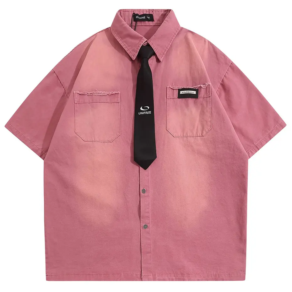 Vintage Shirts with Necktie Unisex Varsity Shirts Summer Loose Short Sleeve Button Up Blouse Hip Hop Oversized Y2K Shirts