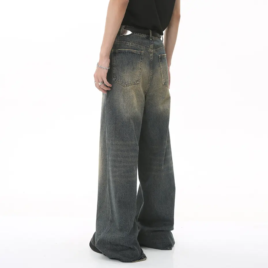 Vintage Blue Loose Denim Pants Men Retro Straight Baggy Jeans 2025 Wide Leg Casual Black Jeans Trousers
