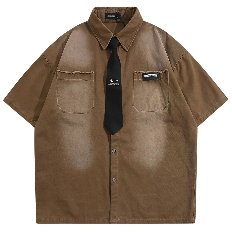 Vintage Shirts with Necktie Unisex Varsity Shirts Summer Loose Short Sleeve Button Up Blouse Hip Hop Oversized Y2K Shirts