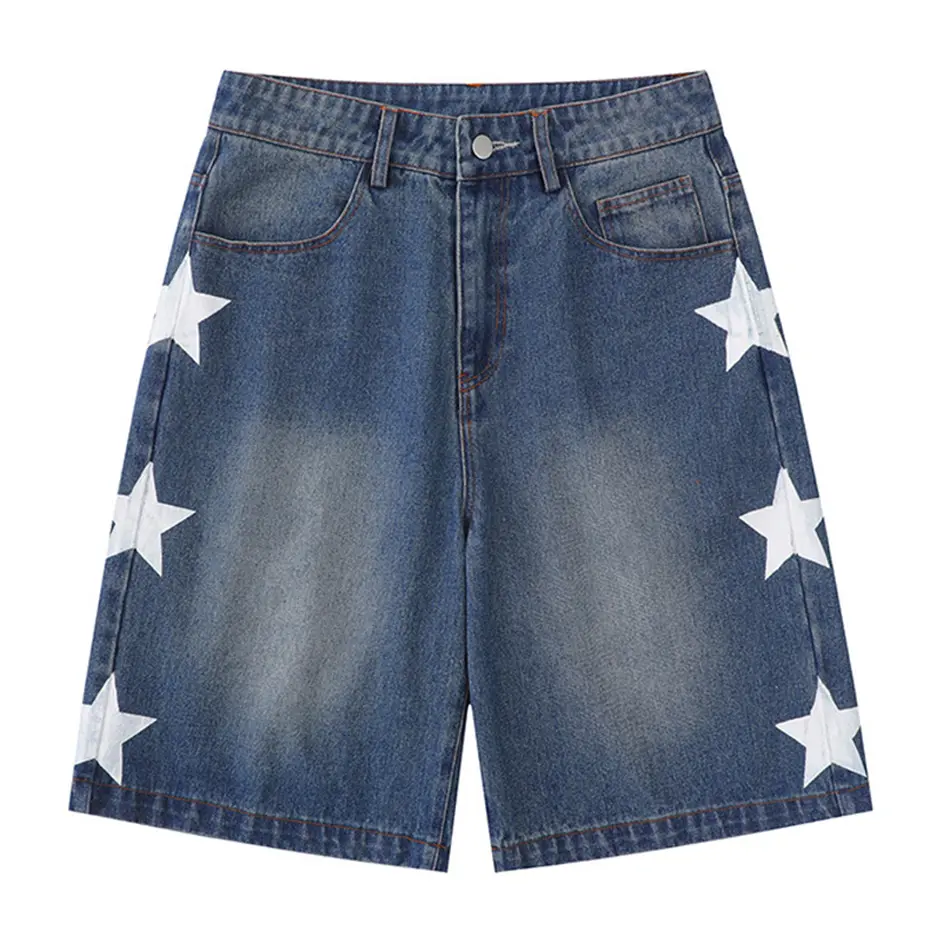 Retro Star Splicing Denim Shorts 2025 Men Summer Harajuku Streetwear Jeans Shorts Fashion Casual Loose Blue Denim Shorts Unisex