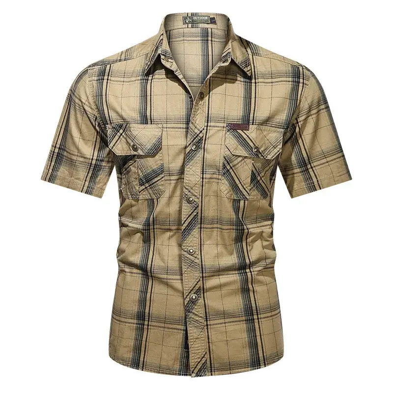 Men Summer short-sleeved Plaid Shirts Male Military Outdoor Multi-pockets Tooling Shirts High Quality Man Cotton Shirts Size 5XL