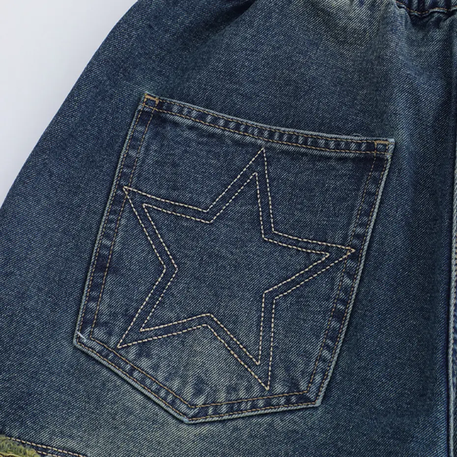 Retro Star Splicing Denim Shorts 2025 Men Summer Harajuku Streetwear Jeans Shorts Fashion Casual Loose Blue Denim Shorts Unisex