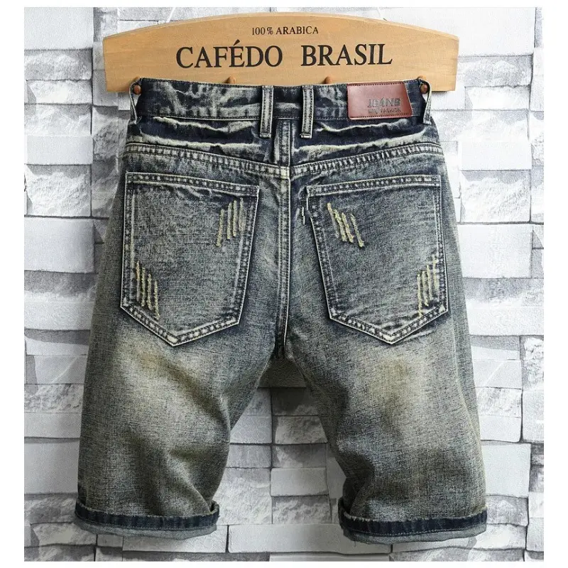 High Quality Men's Summer Holes Denim Shorts Jeans Men Straight Retro Shorts Jeans Men Knee Length Cowboy Jeans Shorts Size 40