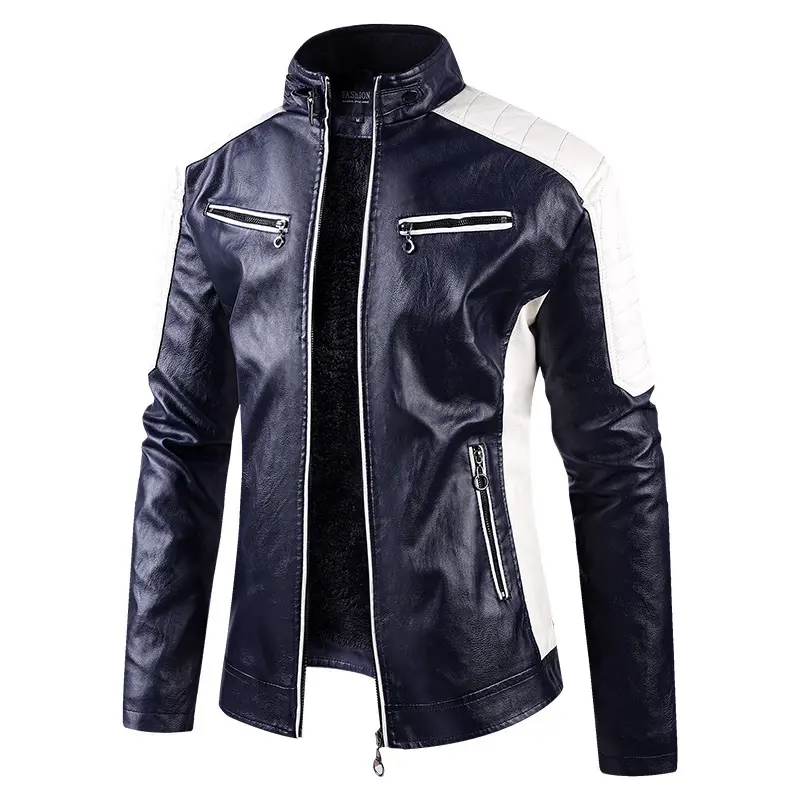 Men Stand Collar Moto Leather Jackets Fleece Winter Jackets Slim Fit PU Leather Coats High Quality Male Fashion Casual Jackets 5