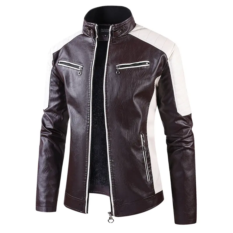 Men Stand Collar Moto Leather Jackets Fleece Winter Jackets Slim Fit PU Leather Coats High Quality Male Fashion Casual Jackets 5