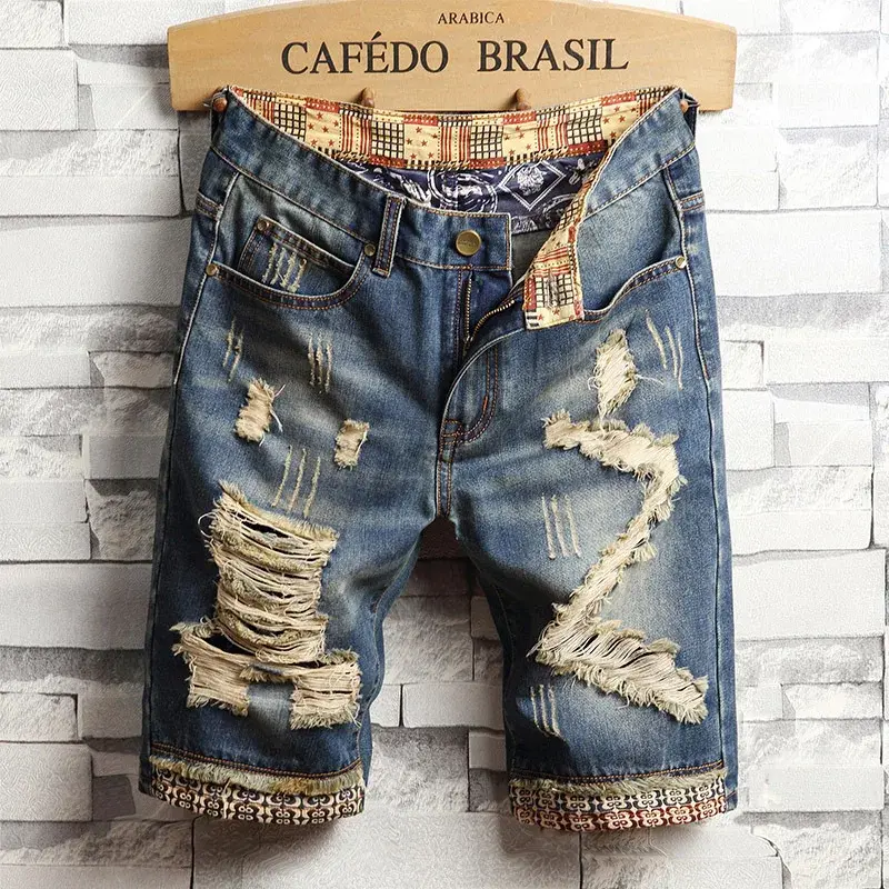 High Quality Men's Summer Holes Denim Shorts Jeans Men Straight Retro Shorts Jeans Men Knee Length Cowboy Jeans Shorts Size 40