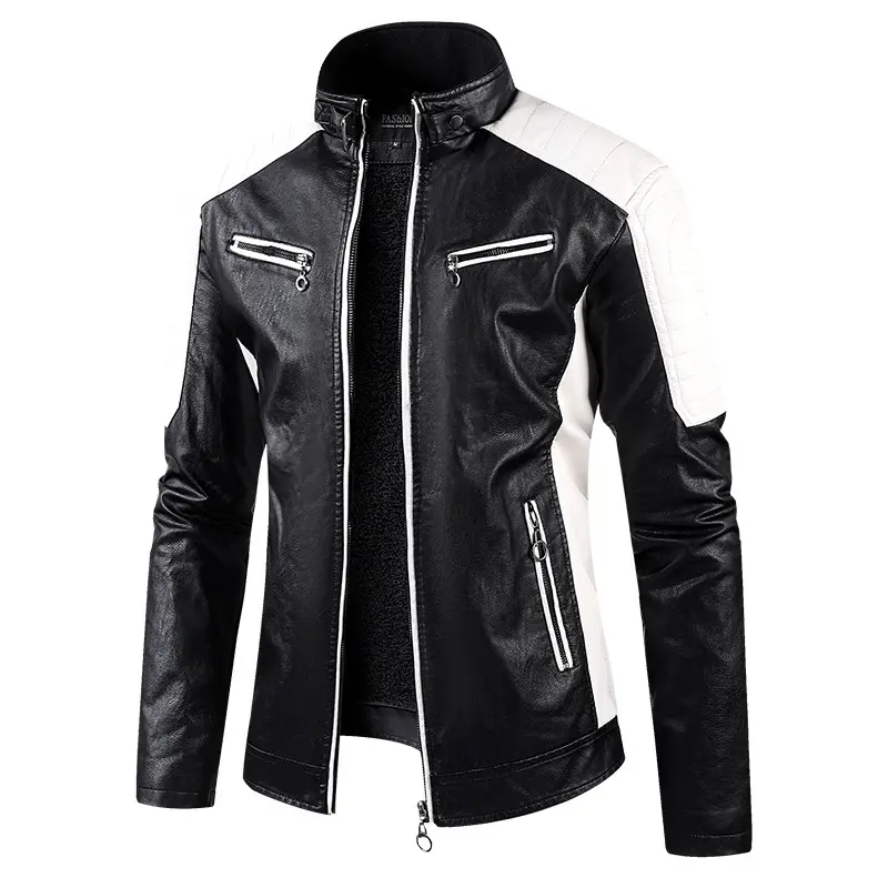 Men Stand Collar Moto Leather Jackets Fleece Winter Jackets Slim Fit PU Leather Coats High Quality Male Fashion Casual Jackets 5