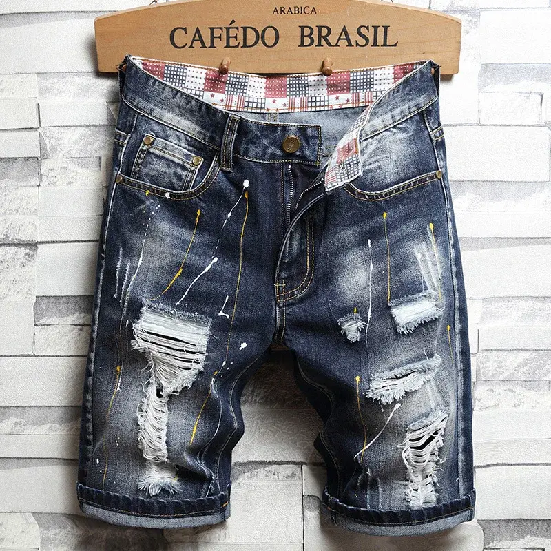 High Quality Men's Summer Holes Denim Shorts Jeans Men Straight Retro Shorts Jeans Men Knee Length Cowboy Jeans Shorts Size 40