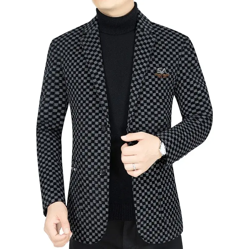 New Winter Men Fleece Checkered Suits Coats Business Casual Blazers Jackets Quality Man Slim Blazers Jackets Warm Coats Size 4XL