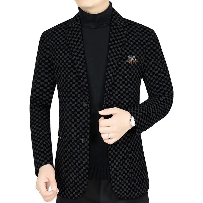 New Winter Men Fleece Checkered Suits Coats Business Casual Blazers Jackets Quality Man Slim Blazers Jackets Warm Coats Size 4XL