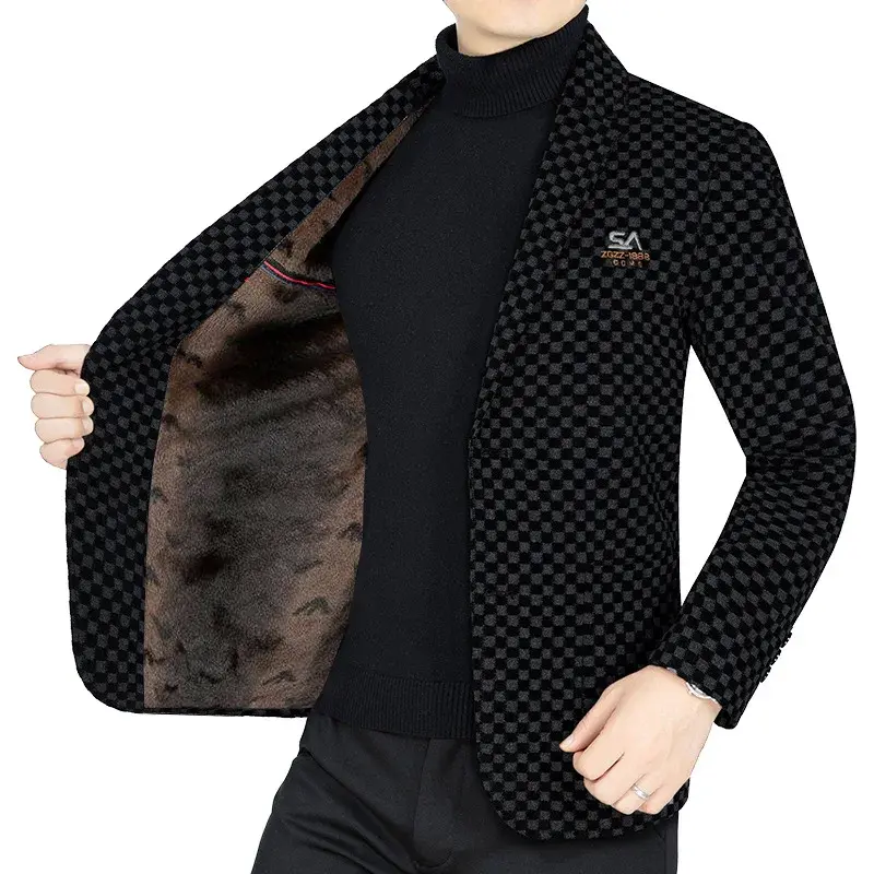 New Winter Men Fleece Checkered Suits Coats Business Casual Blazers Jackets Quality Man Slim Blazers Jackets Warm Coats Size 4XL