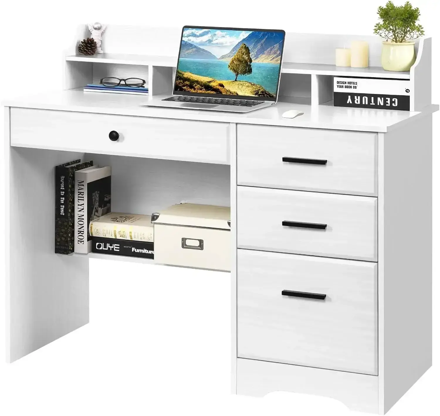 White Desk, Computer Desk, Wood Writing Home Office Workstation, Student Desks for Bedooms, White with 4 Drawers