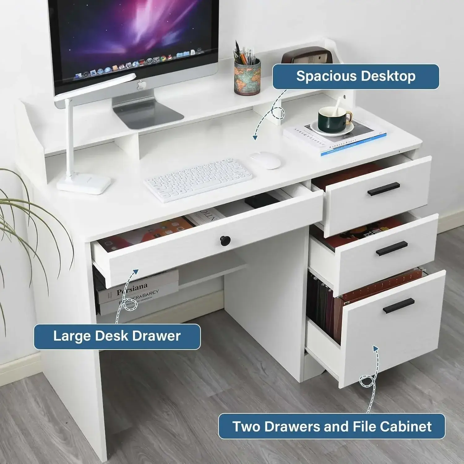 White Desk, Computer Desk, Wood Writing Home Office Workstation, Student Desks for Bedooms, White with 4 Drawers