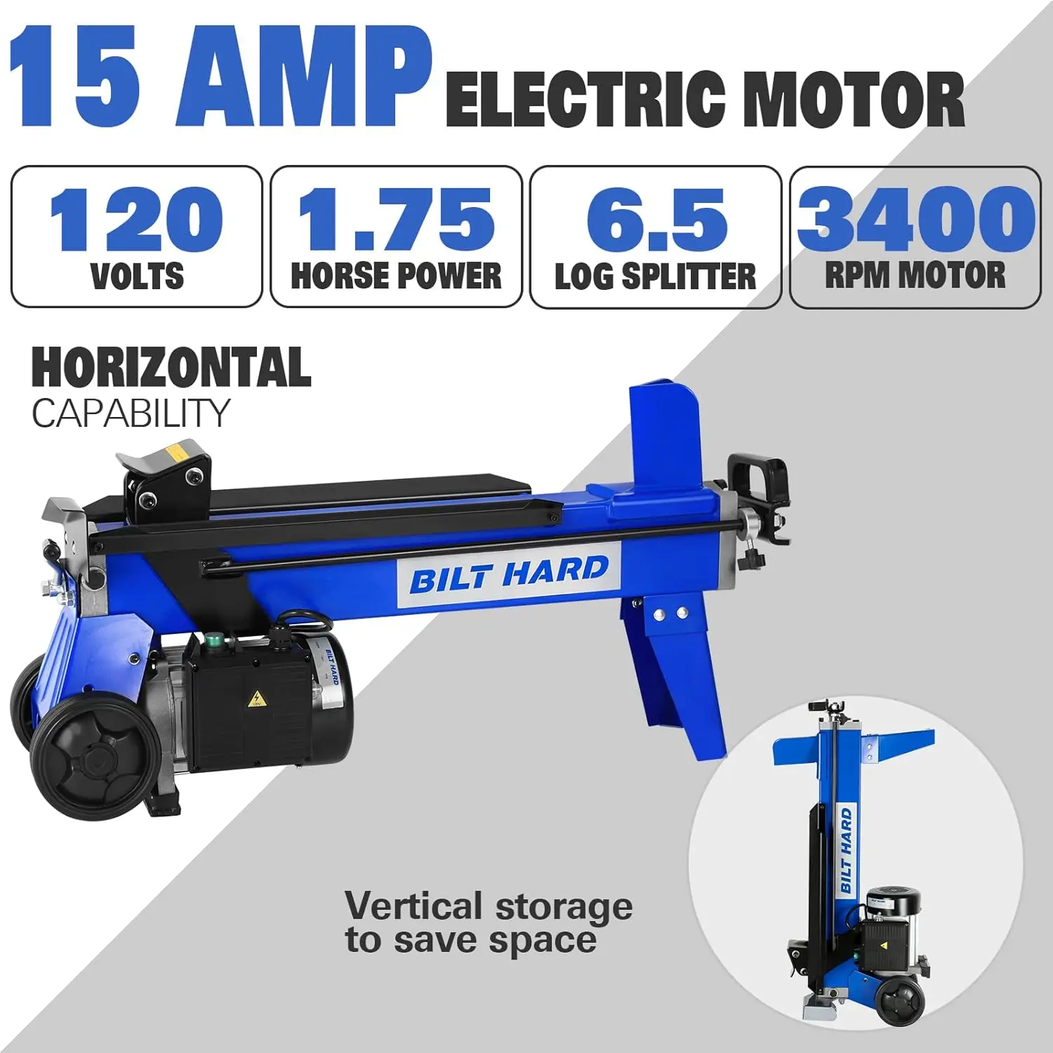 Electric Log Splitter 6.5 Ton with Stand, Electric Powered 15 Amp Motor with Hydraulic Ram, Firewood Splitting Machine