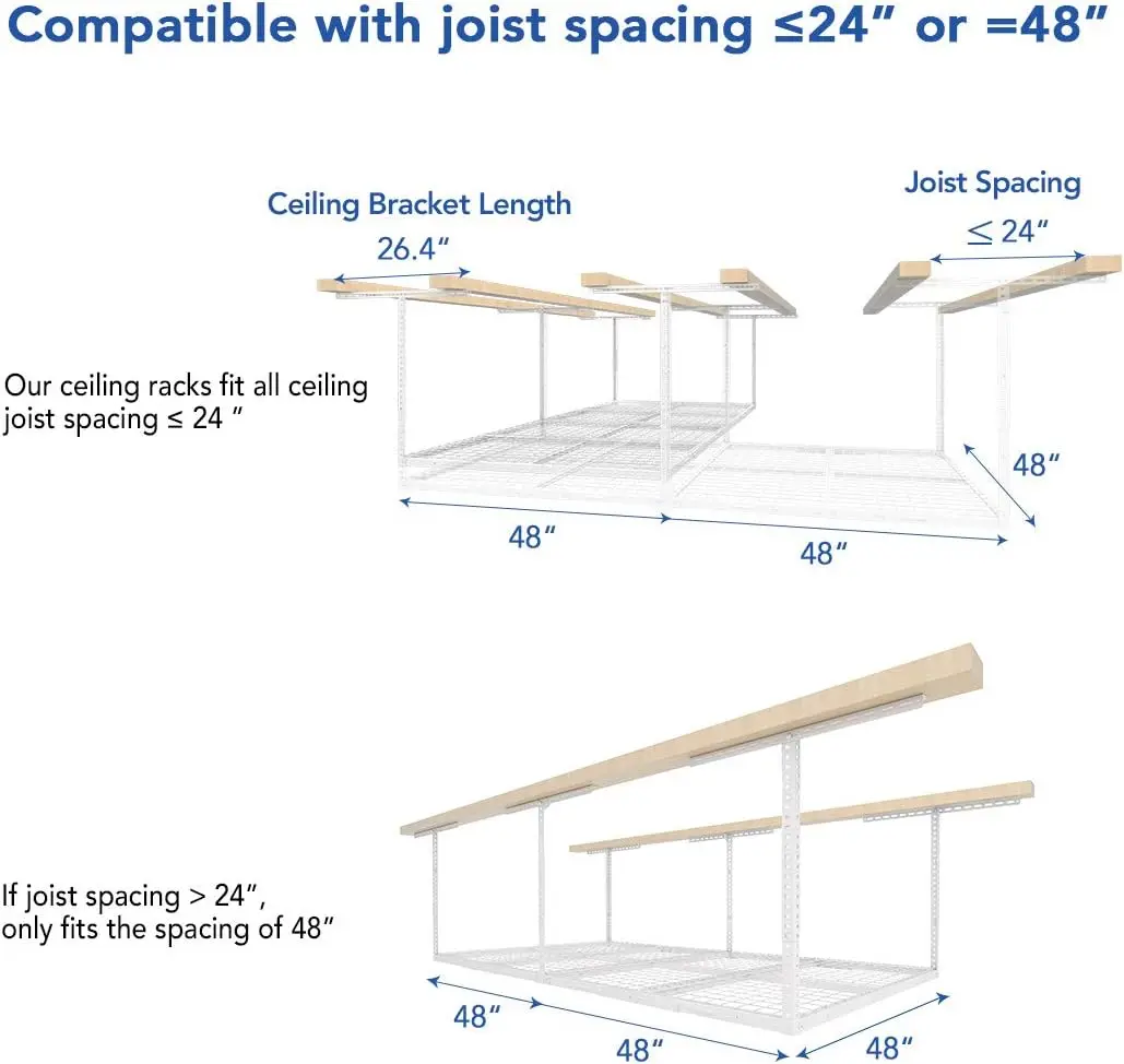 4x8 Overhead Garage Storage Rack, Adjustable Organization System, Heavy-Duty Metal Ceiling Racks, 2 pack, White