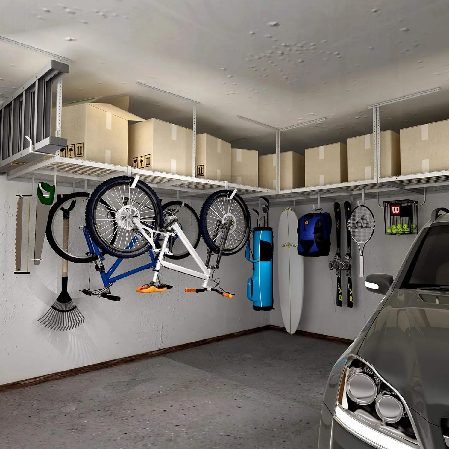 4x8 Overhead Garage Storage Rack, Adjustable Organization System, Heavy-Duty Metal Ceiling Racks, 2 pack, White