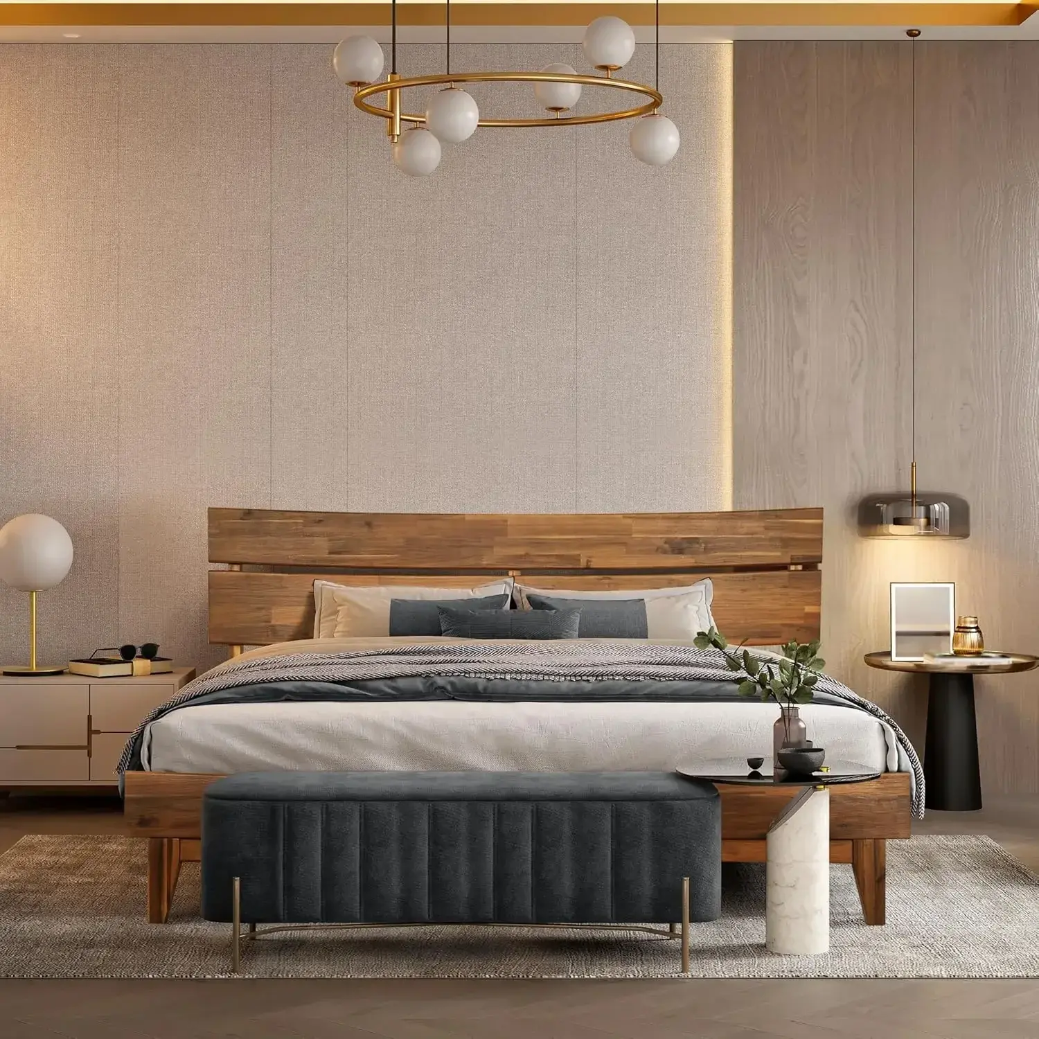 Aurora 800 lbs Capacity Queen Bed Frame and Headboard Solid Wood Platform Bed, Contemporary Signature Wood Bed Frame