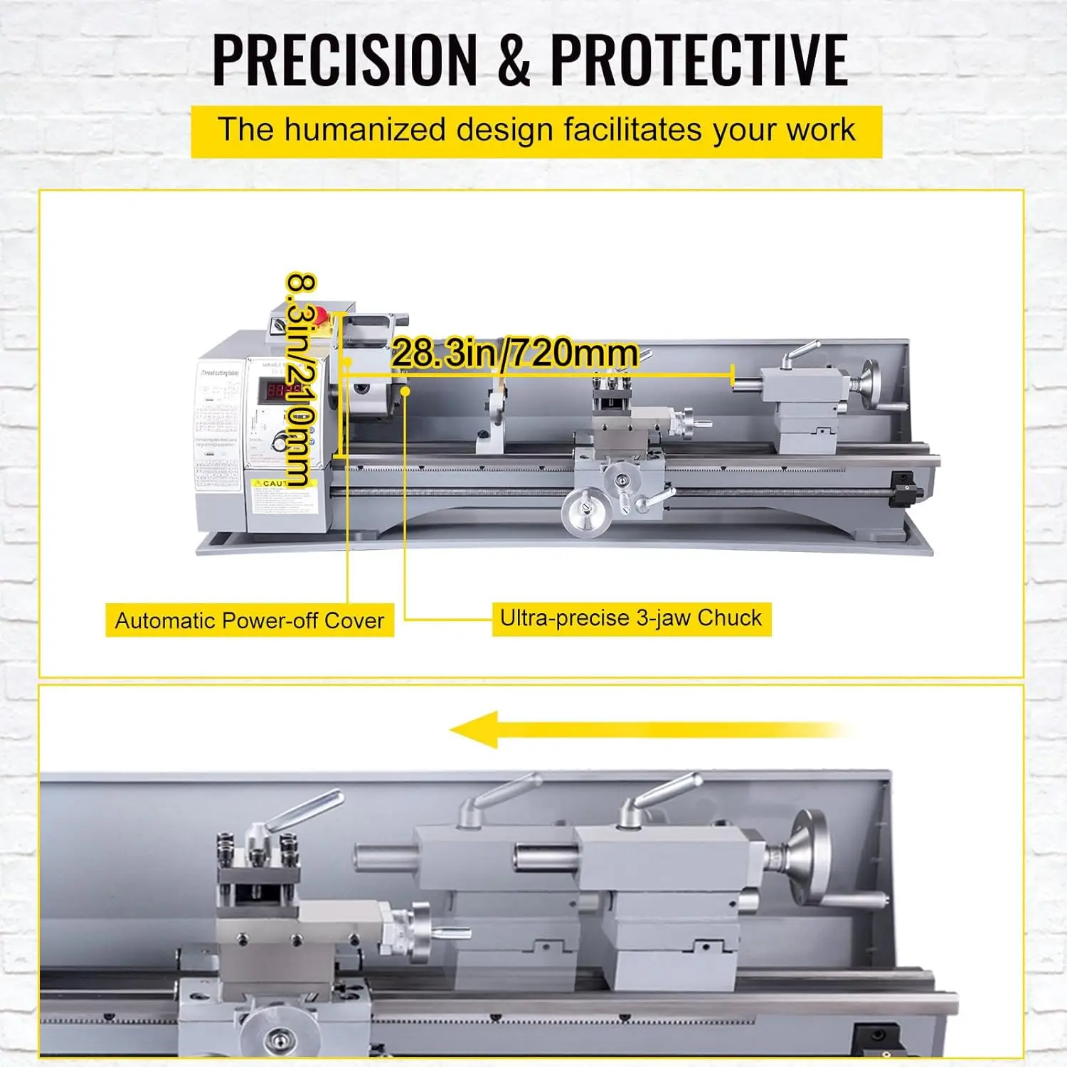 Metal Lathe, 8.26"x28.3" Lathe Machine, 2500 RPM Variable Speed Change 750W Brushless Motor Precision Lathe Milling Machine
