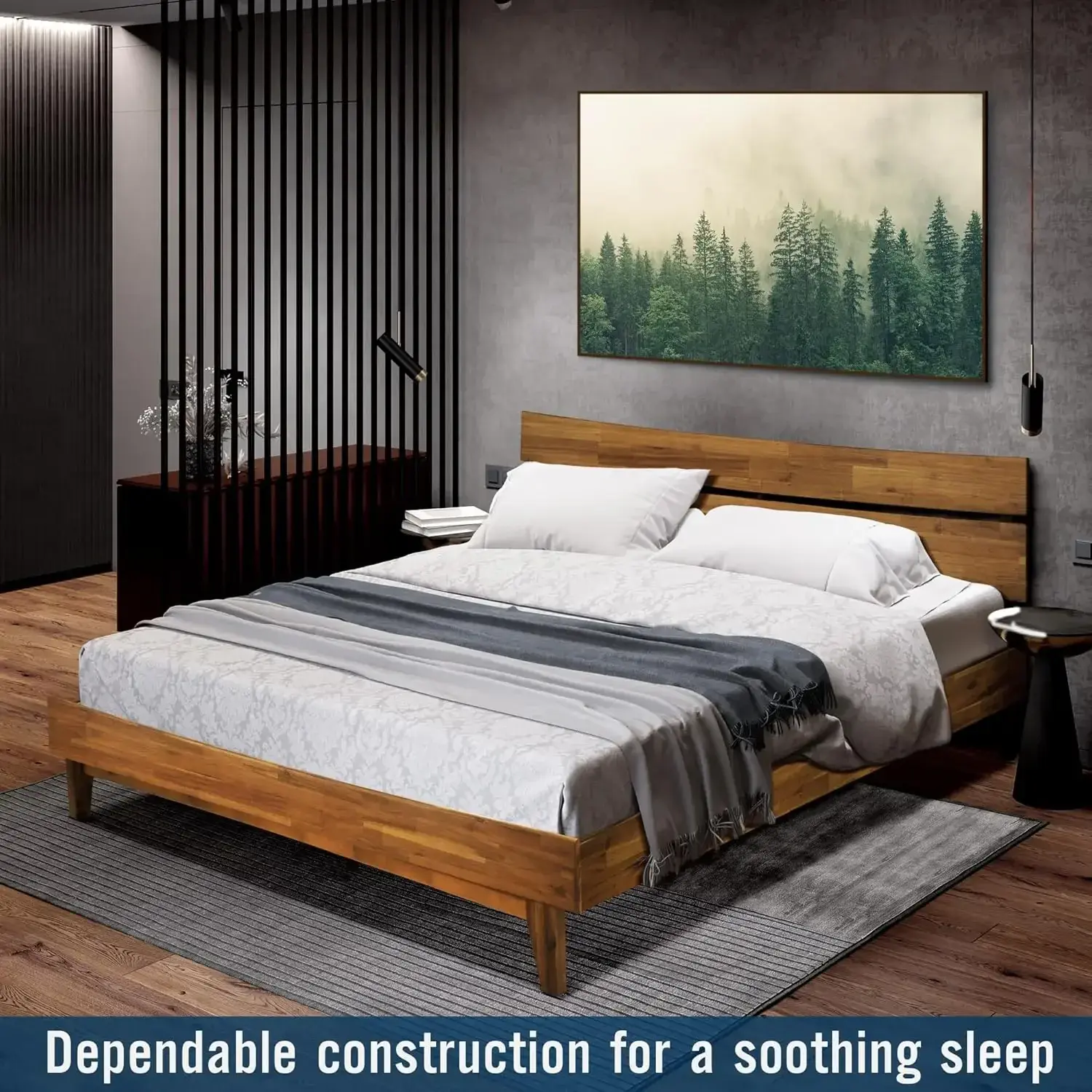 Aurora 800 lbs Capacity Queen Bed Frame and Headboard Solid Wood Platform Bed, Contemporary Signature Wood Bed Frame