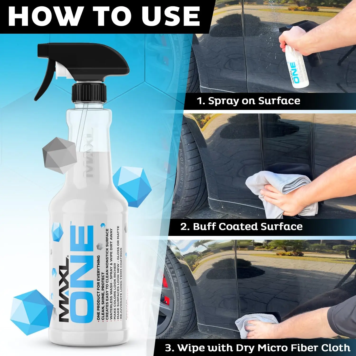 Car Spray with Triphene® Technology, Quick Spray & Wipe All Purpose Waterless Detailer Clean (3, 20oz w 6 Micro Fiber Cloth)