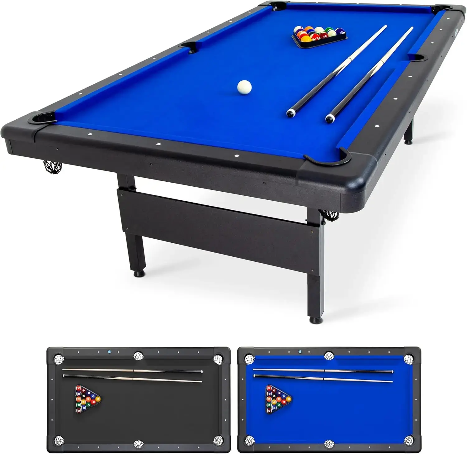 8 ft Billiards Table, Chalk and Felt Brush - Portable Pool Table, 2 Cue Sticks - Includes Full Set of Balls