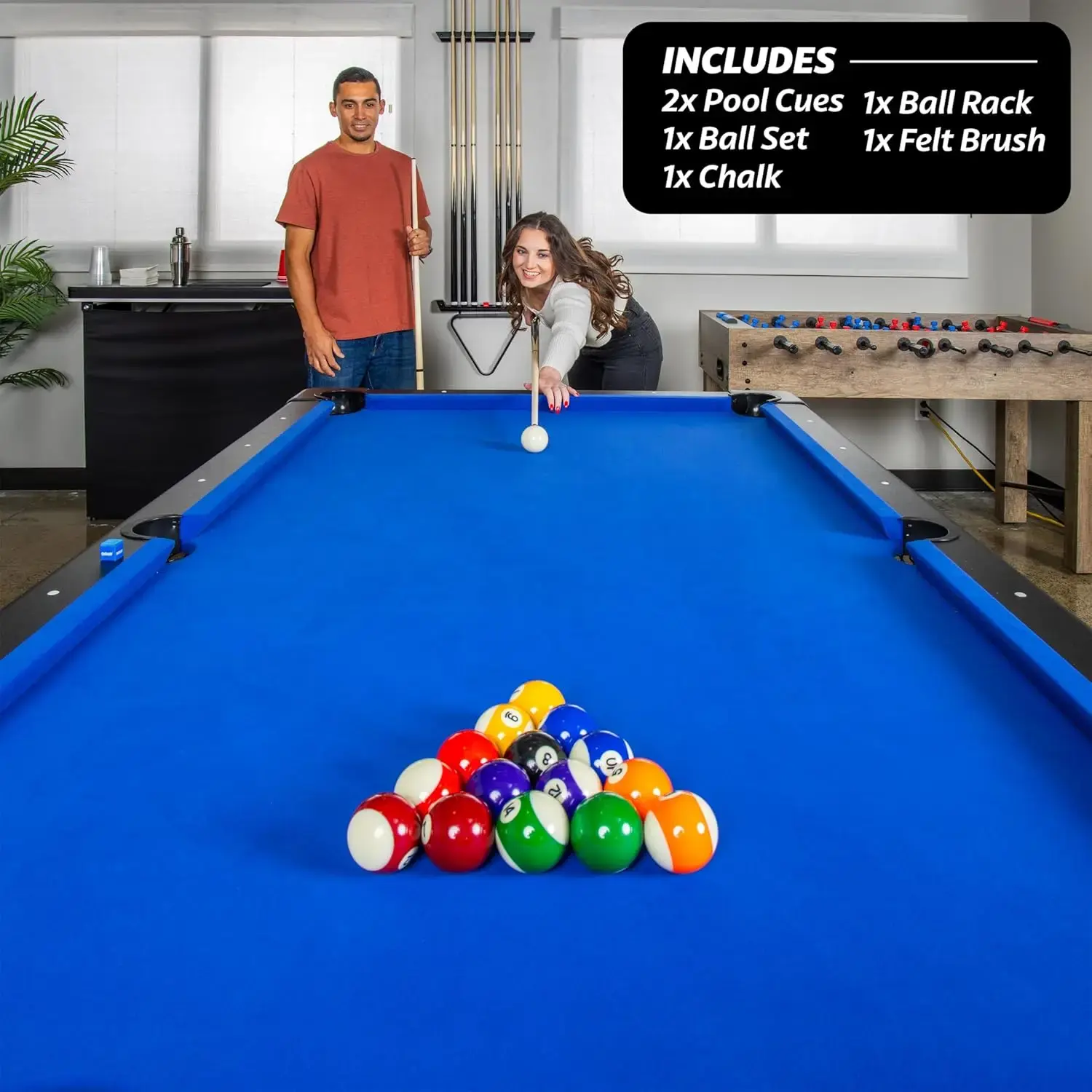 8 ft Billiards Table, Chalk and Felt Brush - Portable Pool Table, 2 Cue Sticks - Includes Full Set of Balls