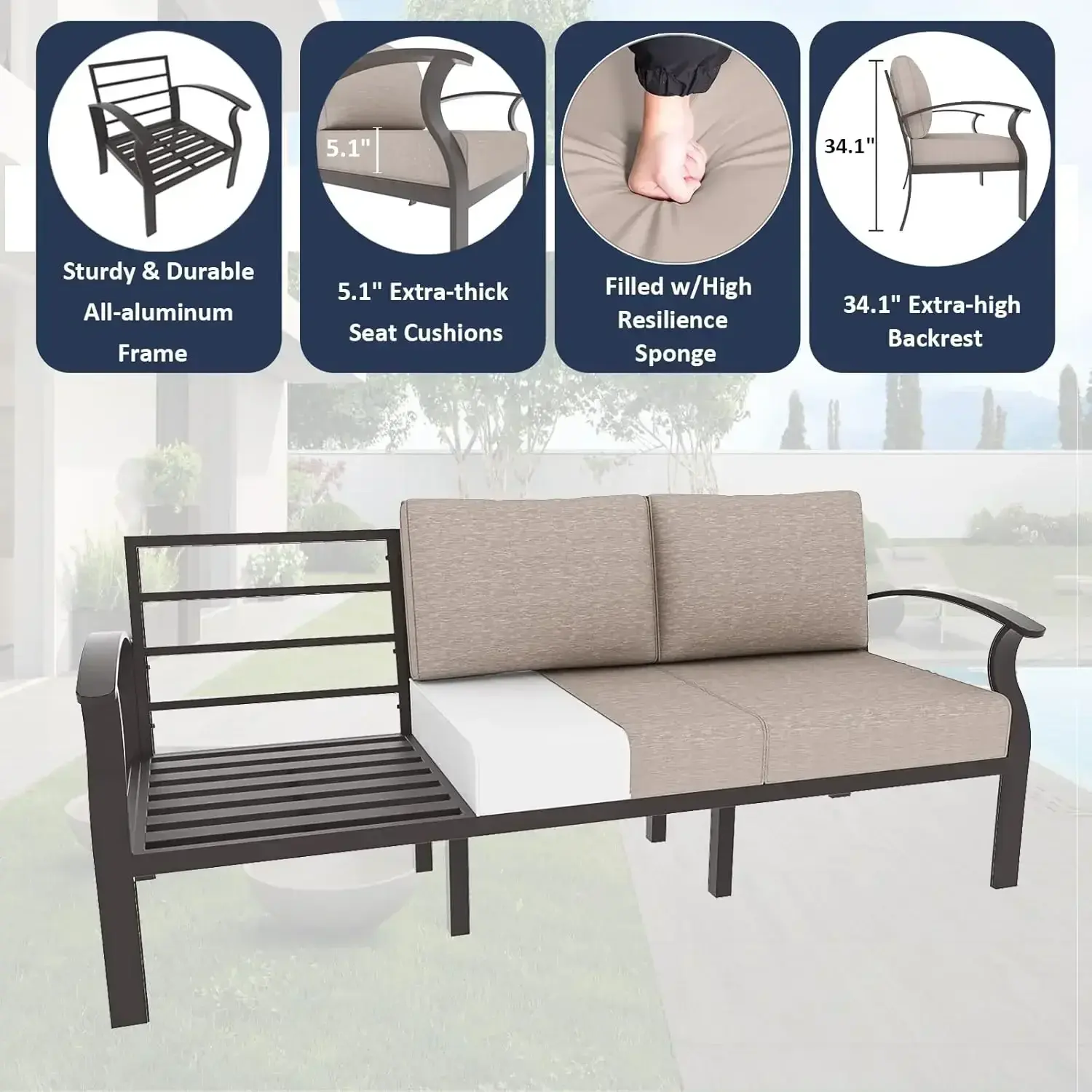 Aluminum Patio Furniture Set  Outdoor Furniture Patio Sectional Sofas Patio Conversation Set , Backyard, Poolside-Sand