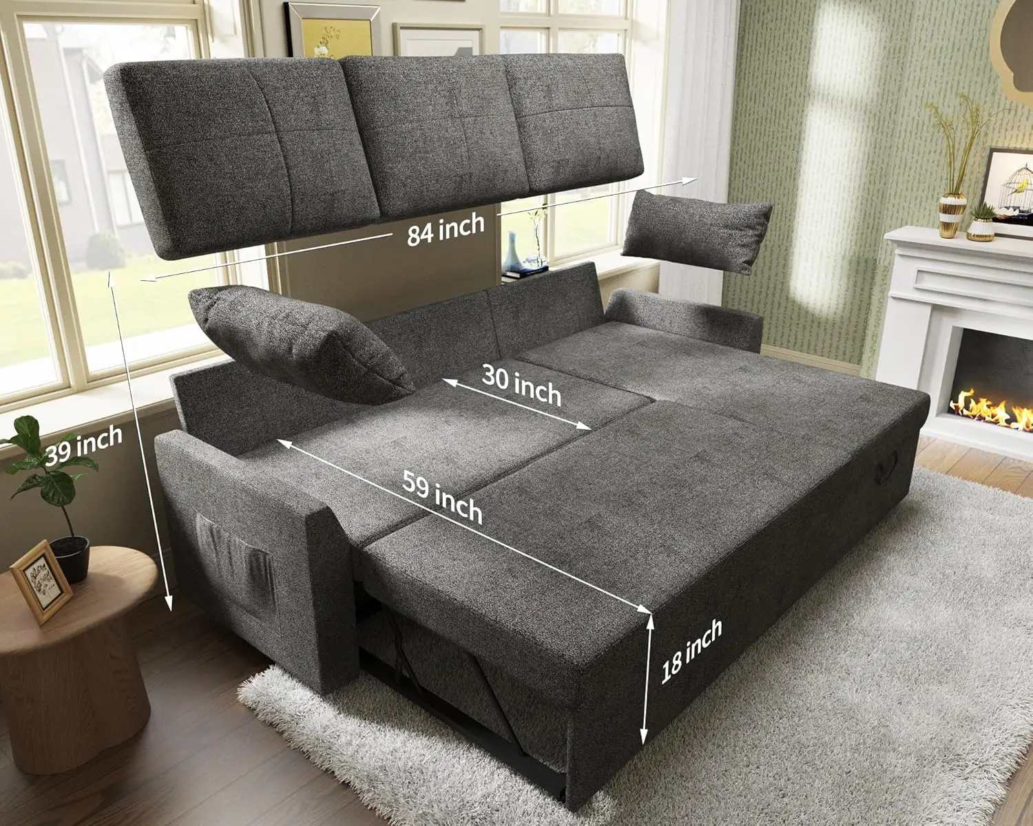 Sleeper Sofa- 2 in 1 Pull Out Bed with Storage Chaise for Living Room, , Grey Chenille Couch