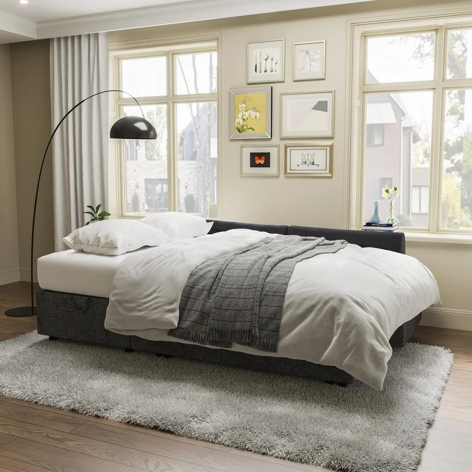 Sleeper Sofa- 2 in 1 Pull Out Bed with Storage Chaise for Living Room, , Grey Chenille Couch
