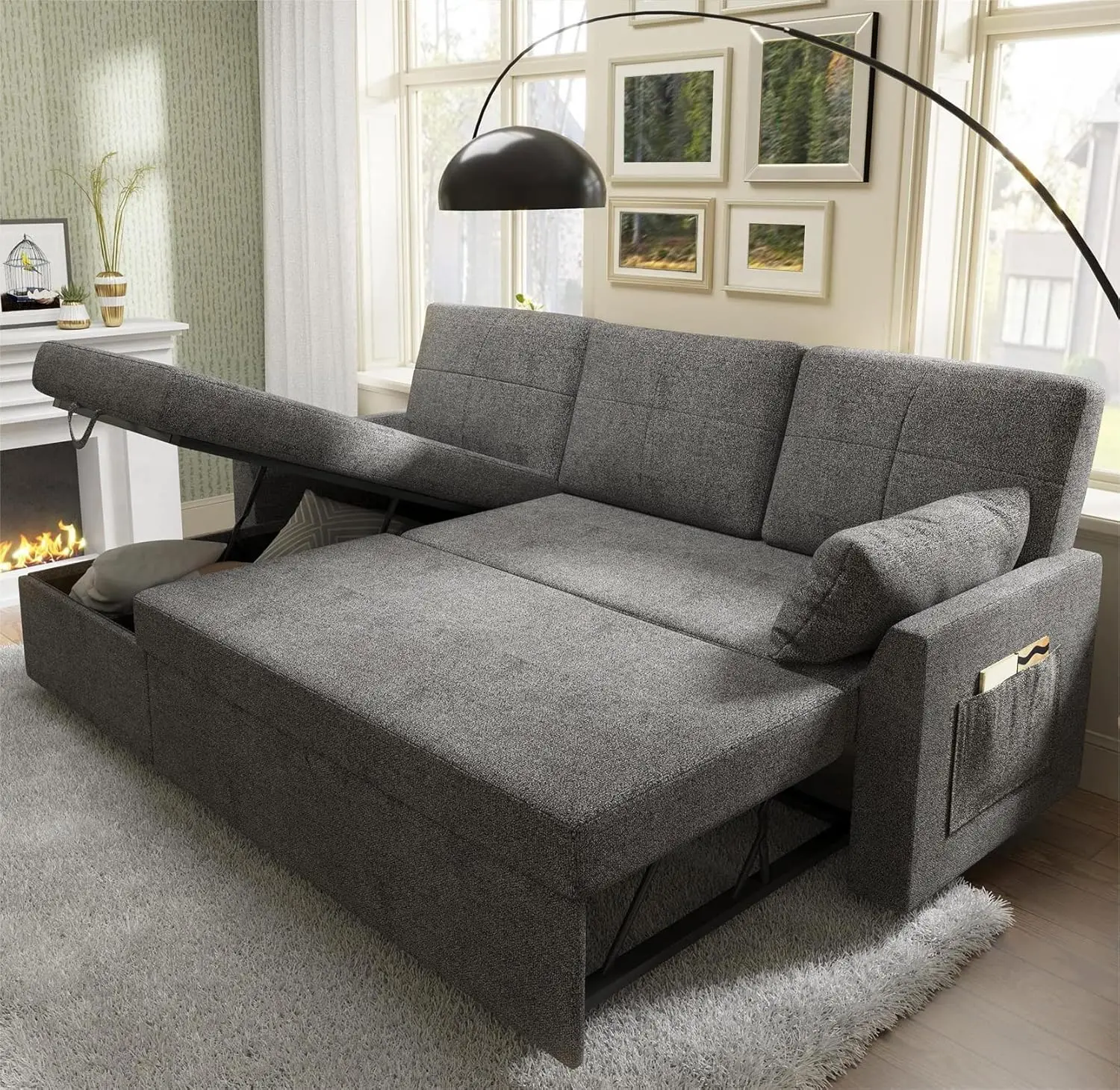 Sleeper Sofa- 2 in 1 Pull Out Bed with Storage Chaise for Living Room, , Grey Chenille Couch