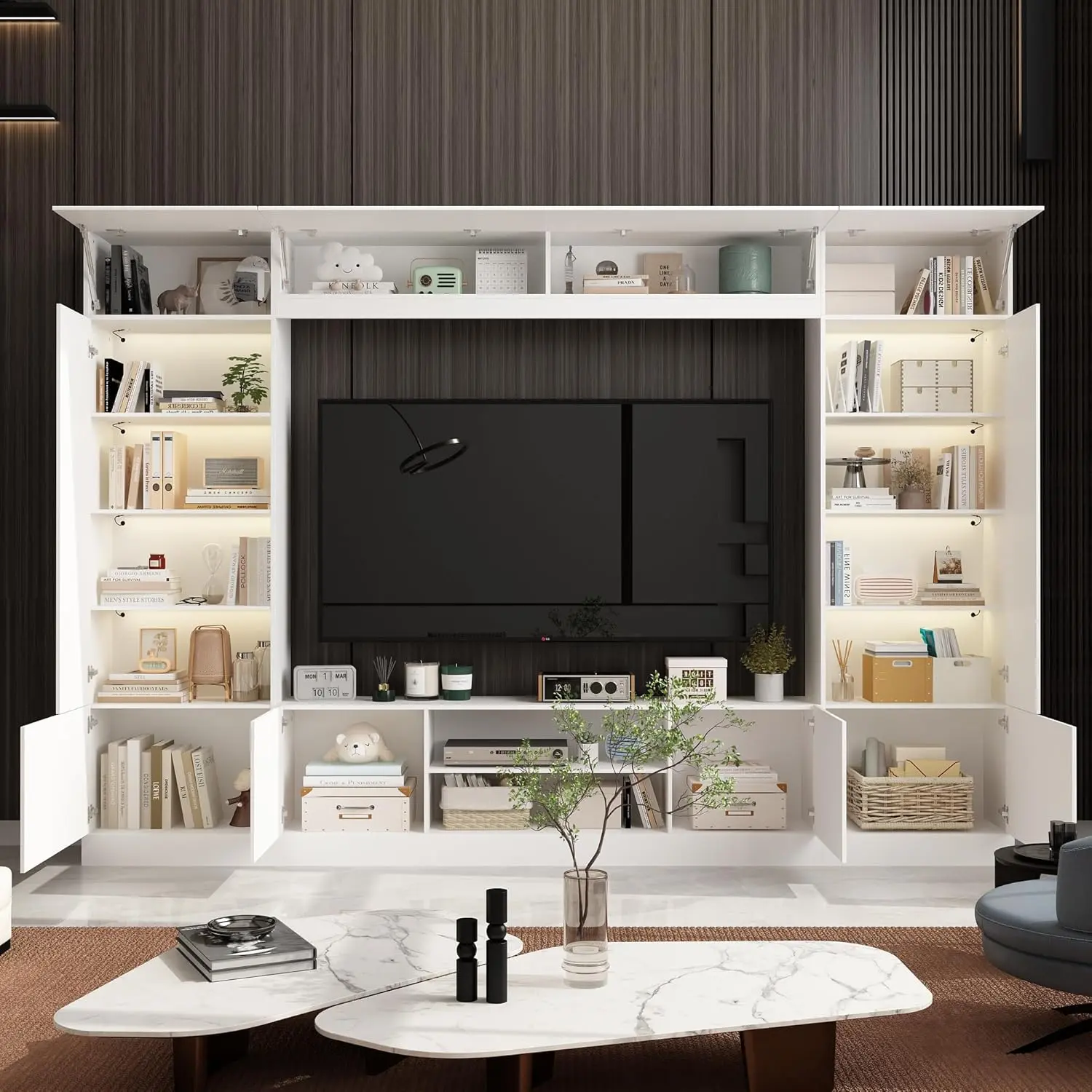 114.2" L Minimalism Wall Unit TV Stand with Bookshelves, Entertainment Center Media Console Table with LED Lights, White
