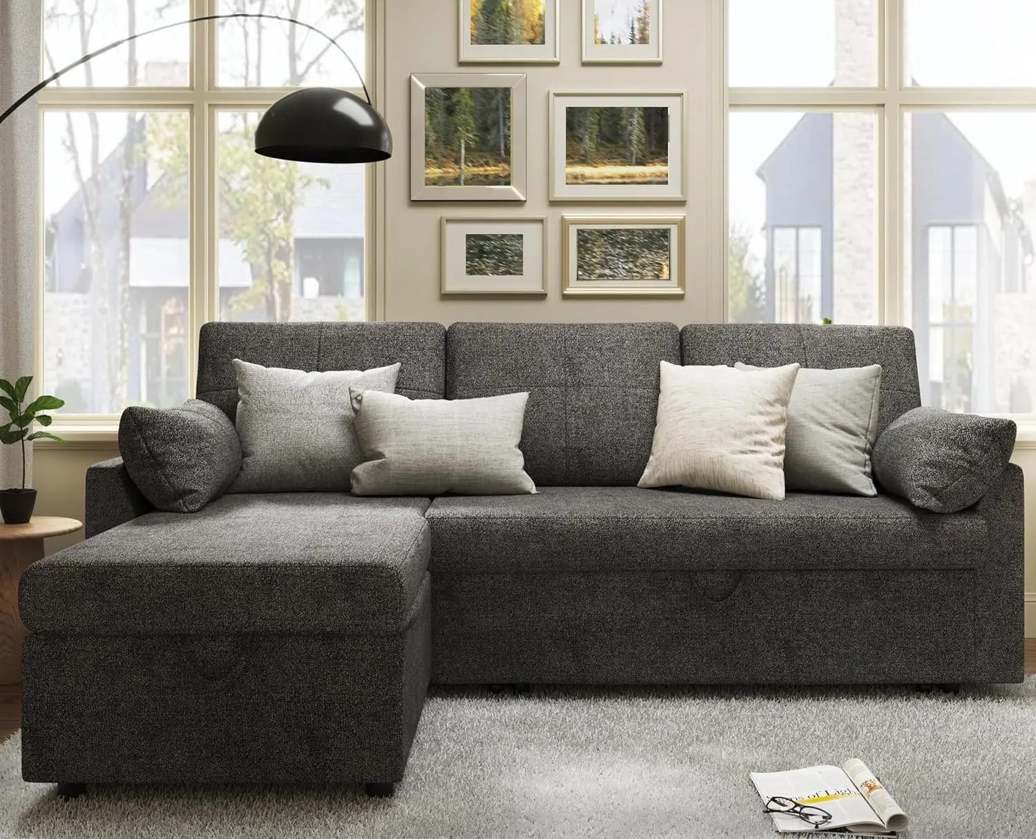 Sleeper Sofa- 2 in 1 Pull Out Bed with Storage Chaise for Living Room, , Grey Chenille Couch
