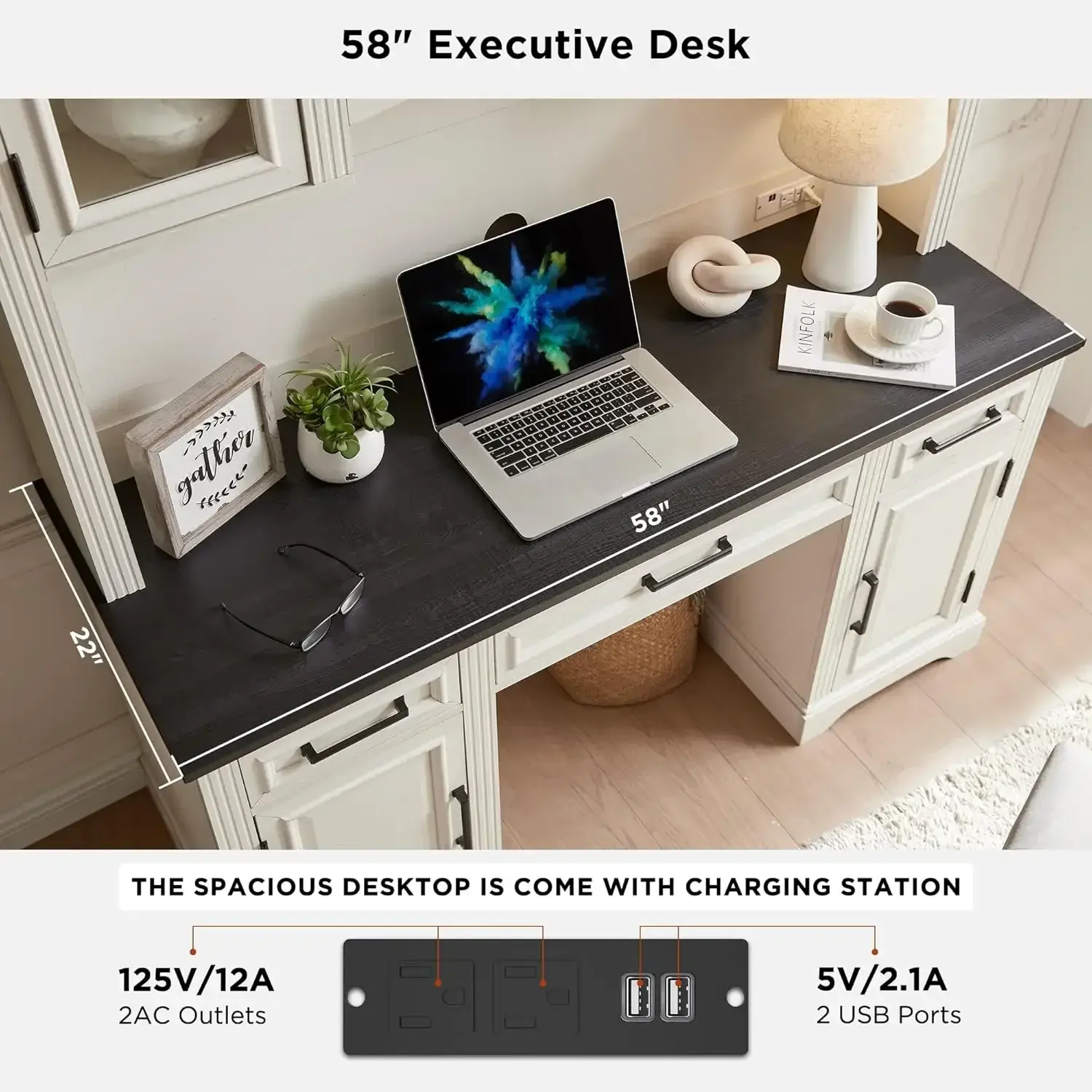 Farmhouse 76" Height Computer Desk with Hutch, Office Desk Workstation for Office Home, Off White