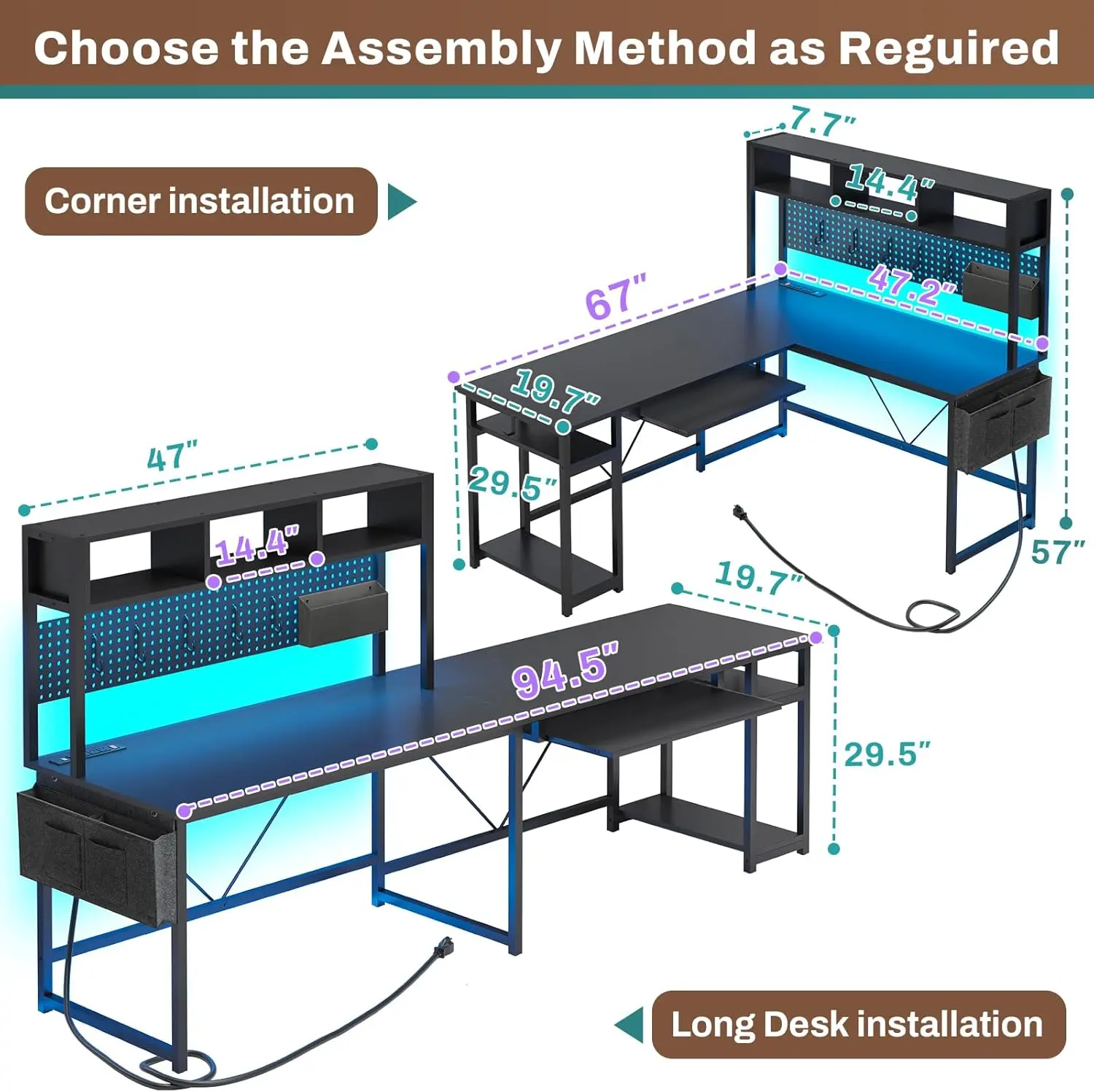 L Shaped Gaming Desk, Reversible Computer Desk with Power Outlet and Pegboard, Gaming Desk with Led Lights