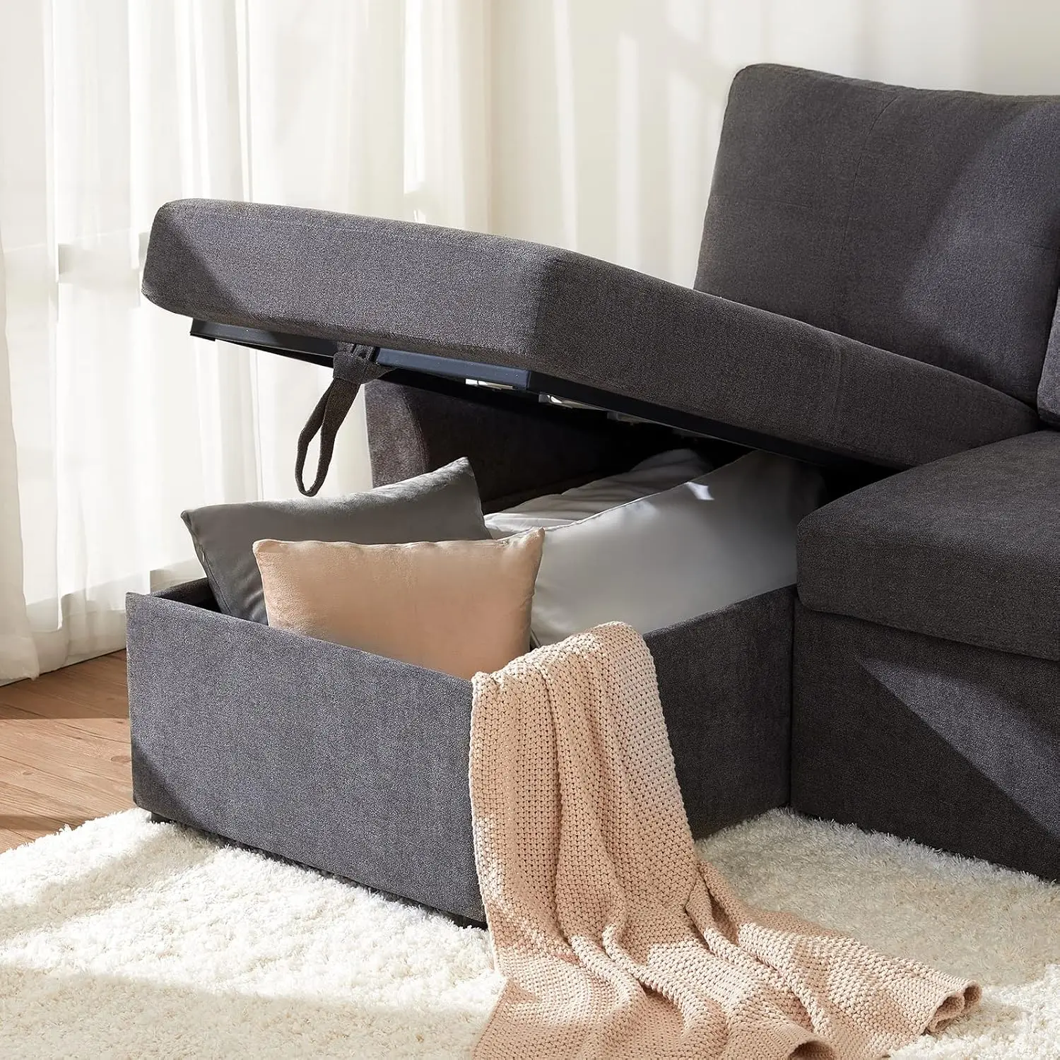 Sleeper Sofa- 2 in 1 Pull Out Bed with Storage Chaise for Living Room, , Grey Chenille Couch