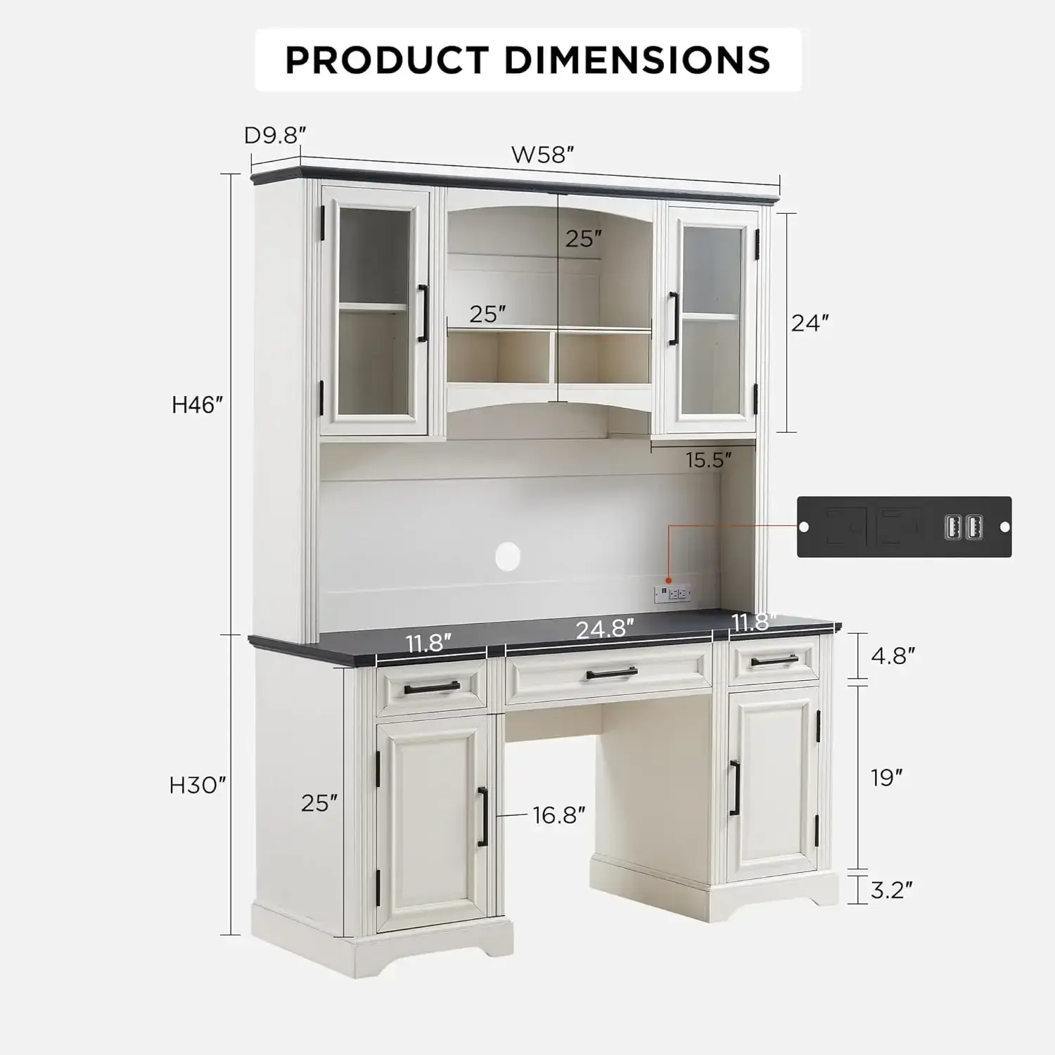 Farmhouse 76" Height Computer Desk with Hutch, Office Desk Workstation for Office Home, Off White