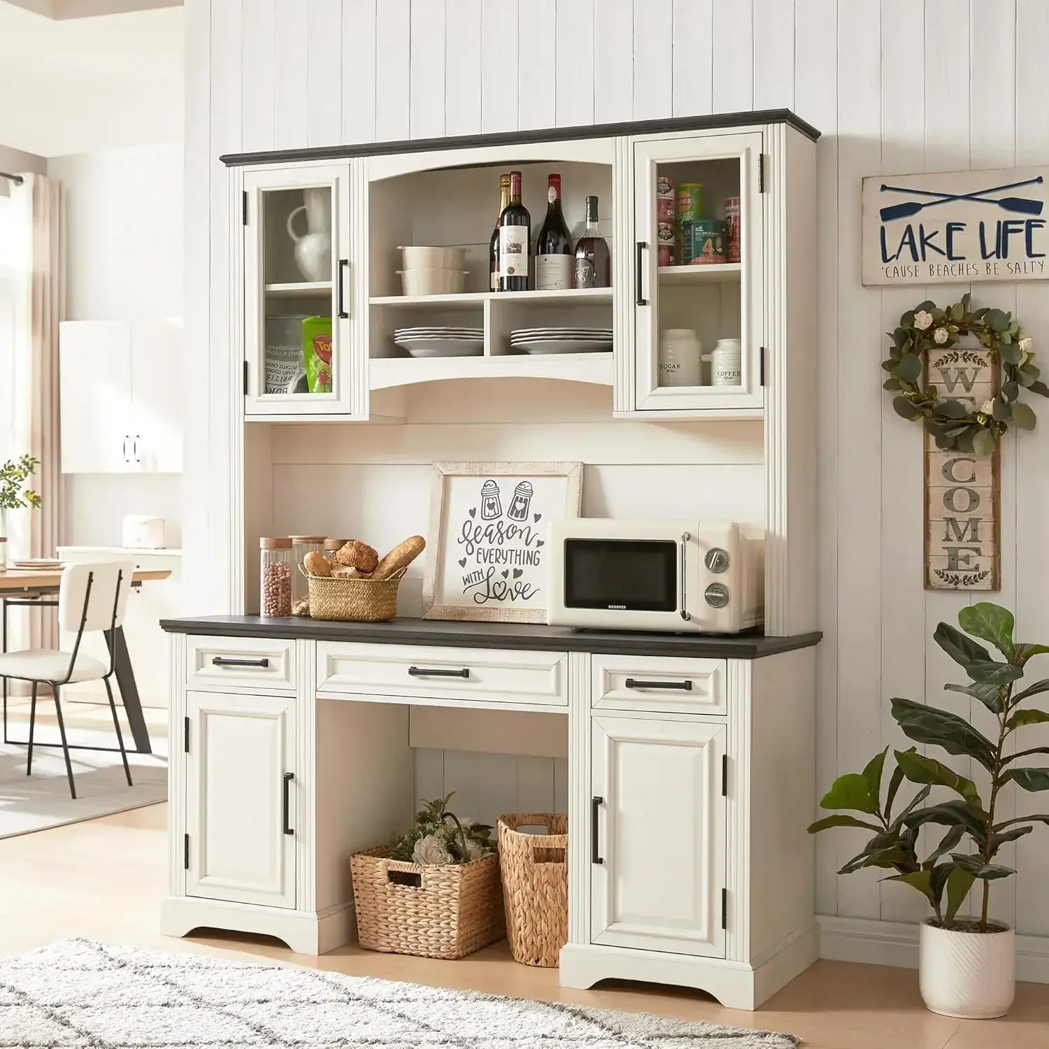 Farmhouse 76" Height Computer Desk with Hutch, Office Desk Workstation for Office Home, Off White