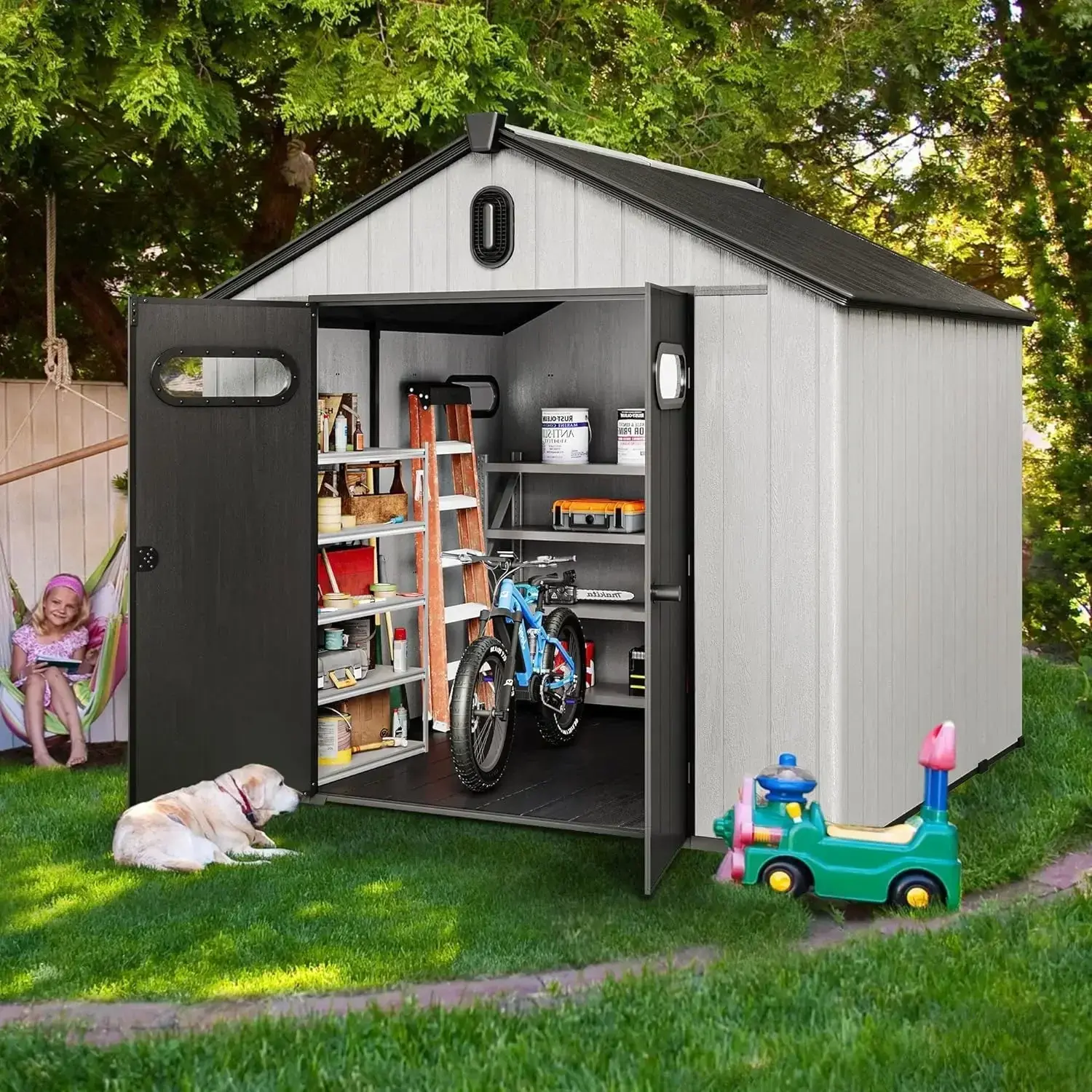 8x8ft Outdoor Resin Storage Shed with Floor, 427 cuft Waterproof Garden Shed with Lockable Door, Windows & Vents