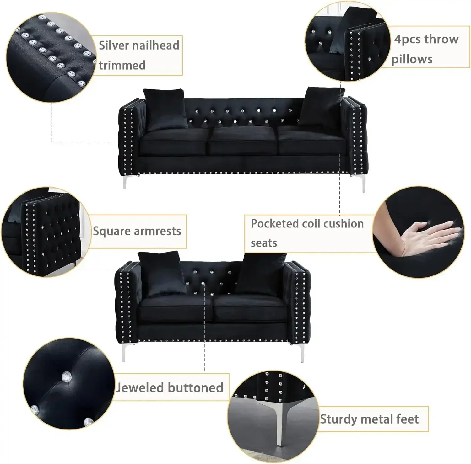 Black Velvet Upholstered Living Room Furniture Set-2-Piece,Including 3-Seater Sofa and Loveseat with Jeweled Buttons