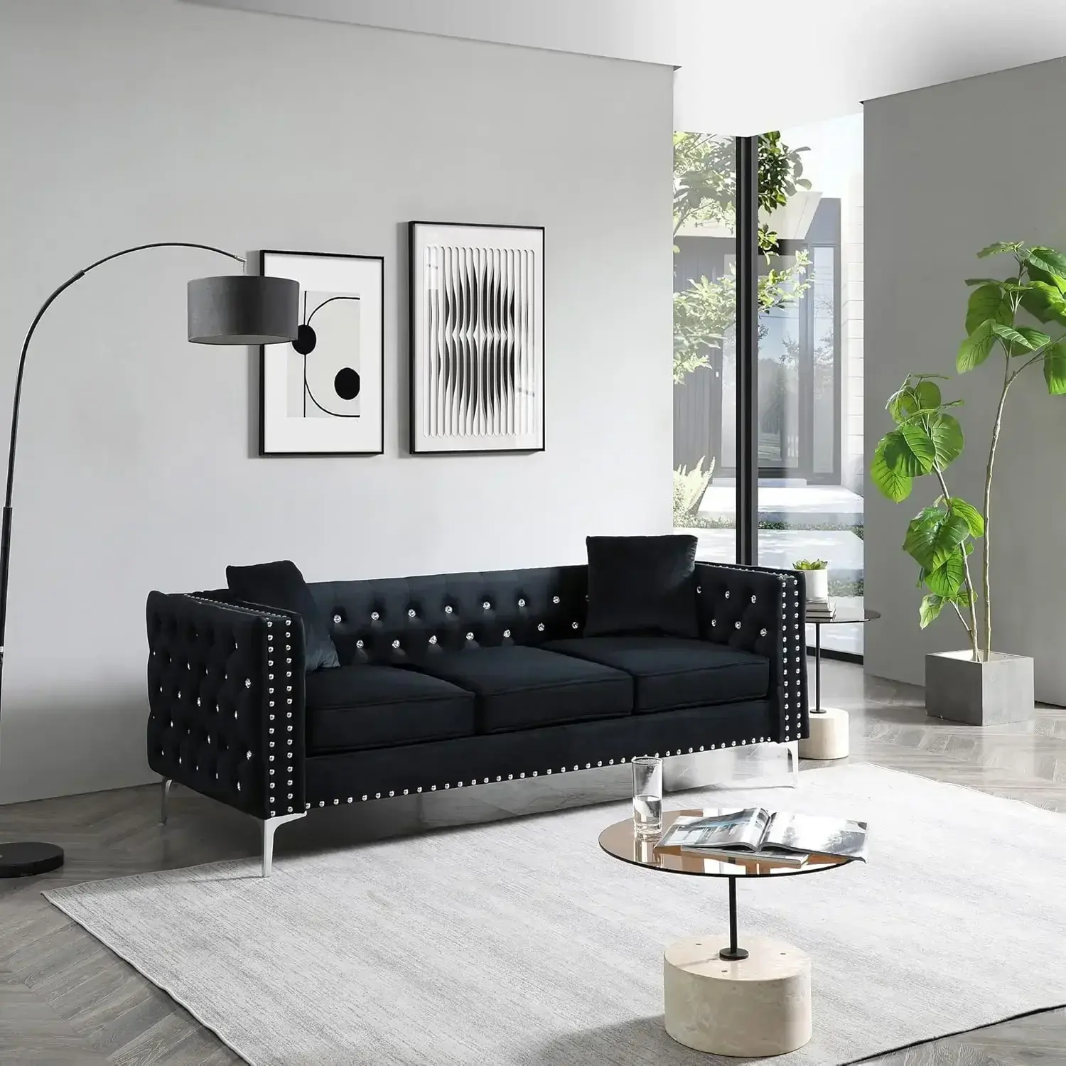Black Velvet Upholstered Living Room Furniture Set-2-Piece,Including 3-Seater Sofa and Loveseat with Jeweled Buttons