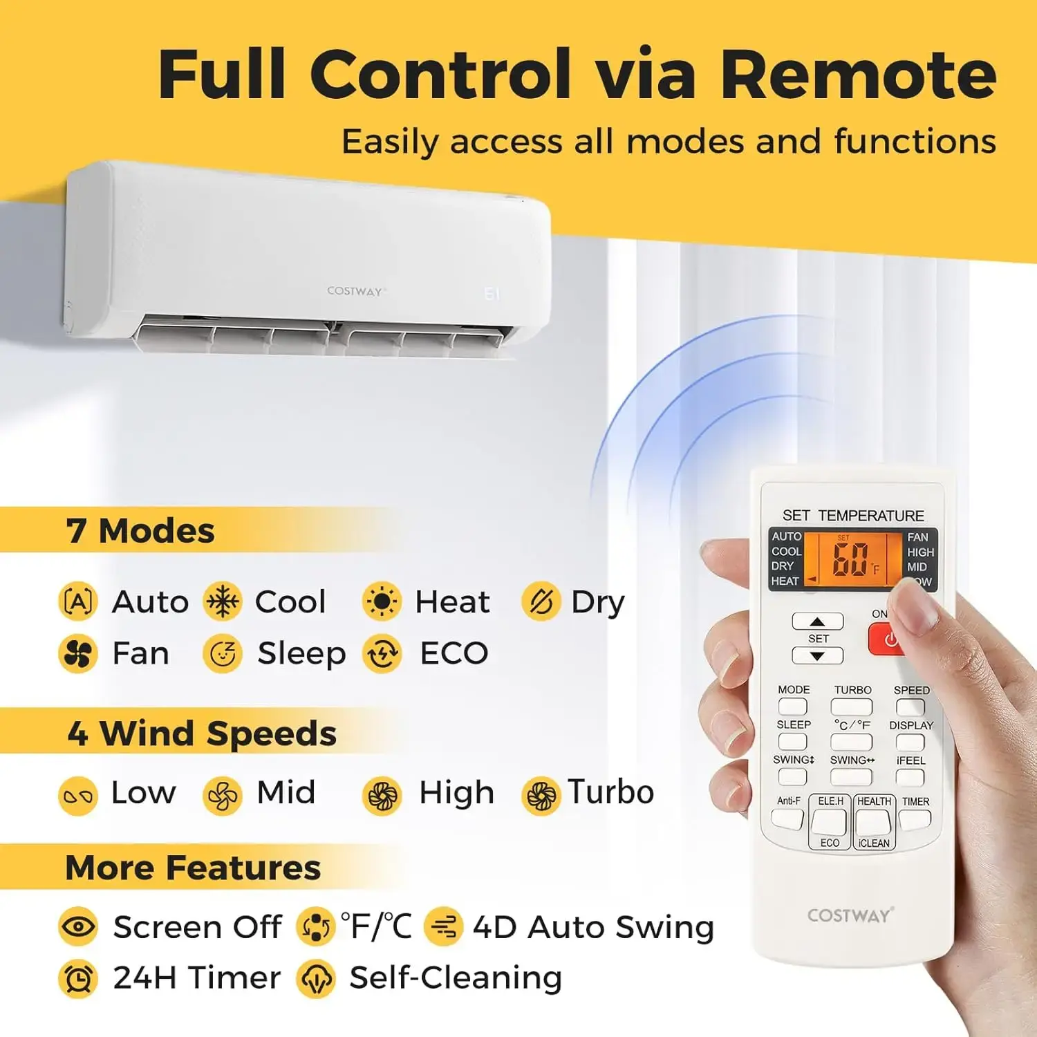 12,000 BTU Mini Split Air Conditioner, with Heat Pump, Energy Star, 21 SEER2 Inverter, 24H Timer, Auto Clean, Remote Control