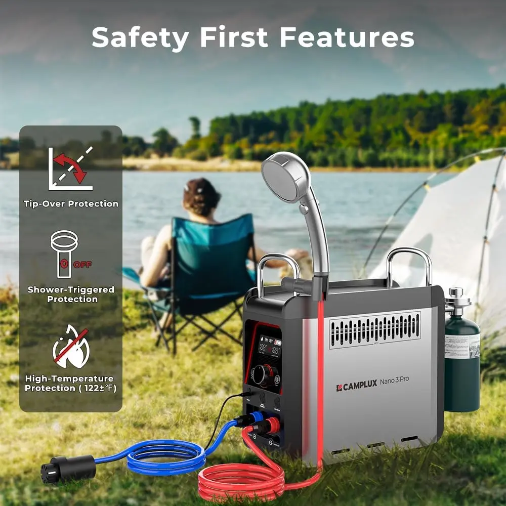 CAMPLUX Nano 3 Pro 1 lb Propane Portable Water Heater, Table Top Camp Water Heater & Shower Pump w/Built-in Battery, Compact Out