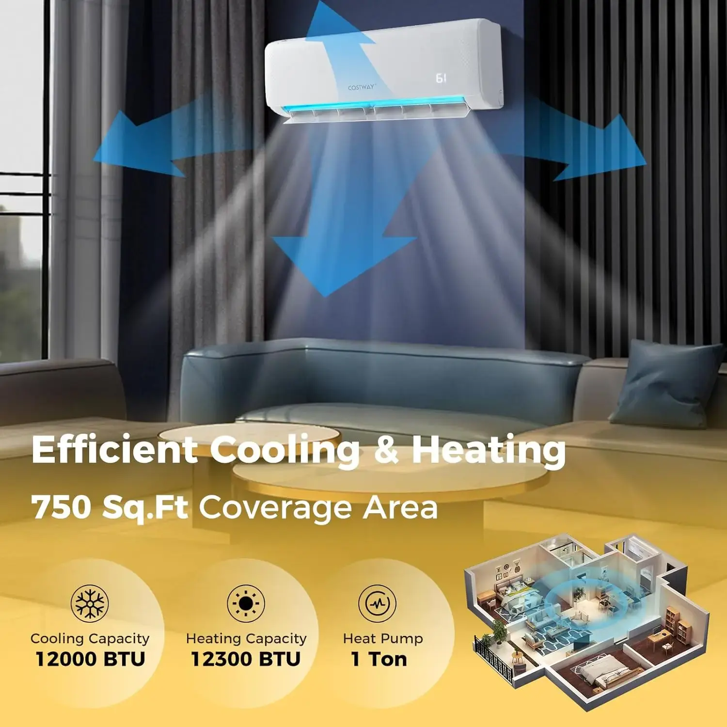 12,000 BTU Mini Split Air Conditioner, with Heat Pump, Energy Star, 21 SEER2 Inverter, 24H Timer, Auto Clean, Remote Control
