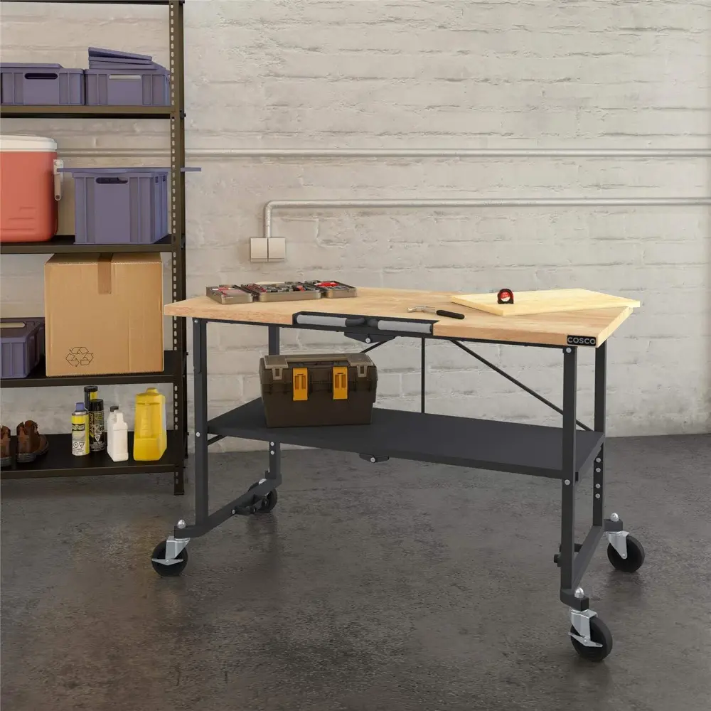 COSCO SmartFold Butcher Block Portable Workbench / Folding Utility Table (Hardwood Top, 700LB Total Weight Capacity, Locking Cas