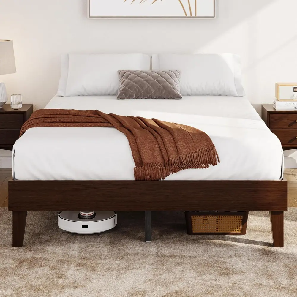 Yaheetech Queen Bed Frame Natural Solid Wood Platform Bed with Wooden Slats Support, 12-inch Underbed Space for Storage, Noise-F