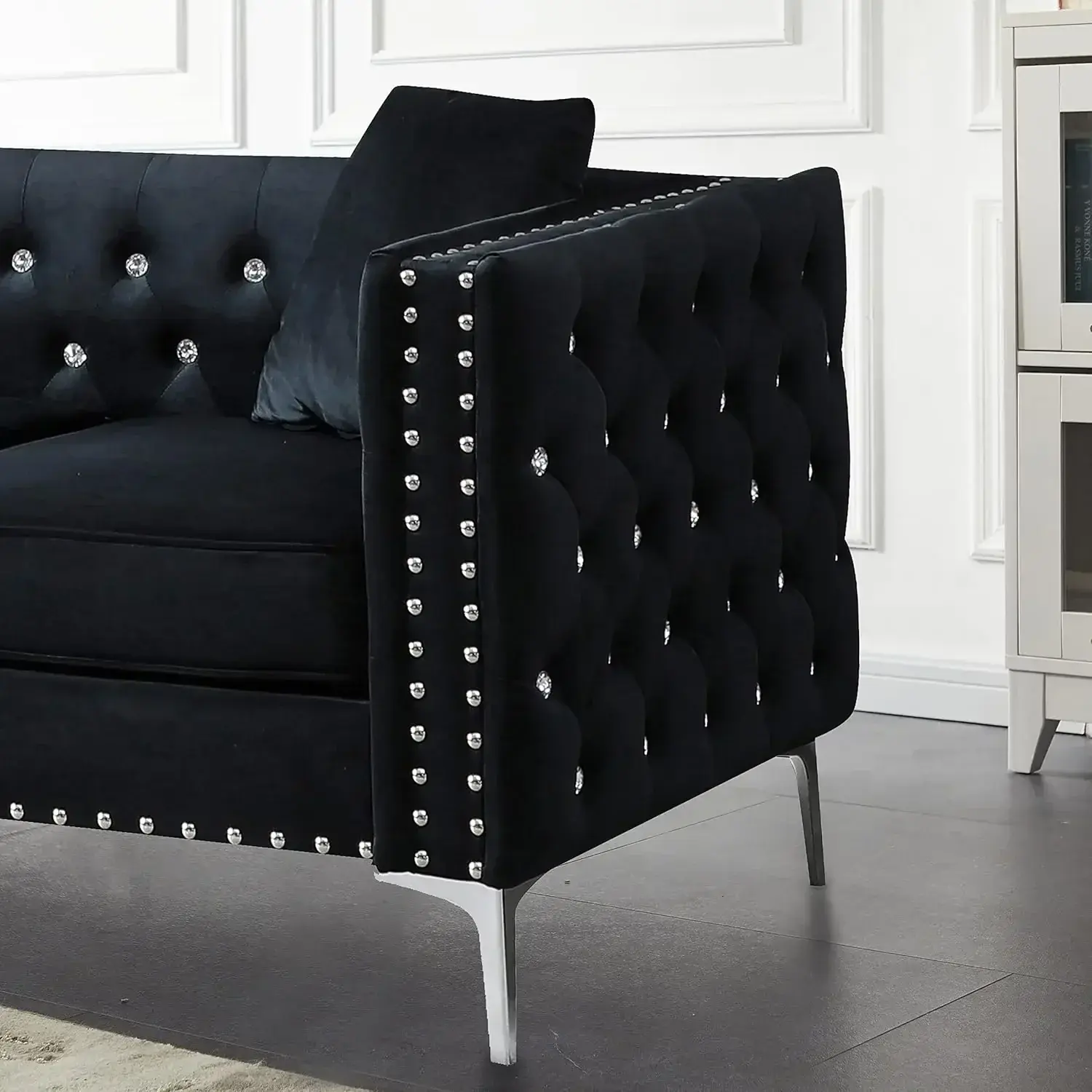 Black Velvet Upholstered Living Room Furniture Set-2-Piece,Including 3-Seater Sofa and Loveseat with Jeweled Buttons