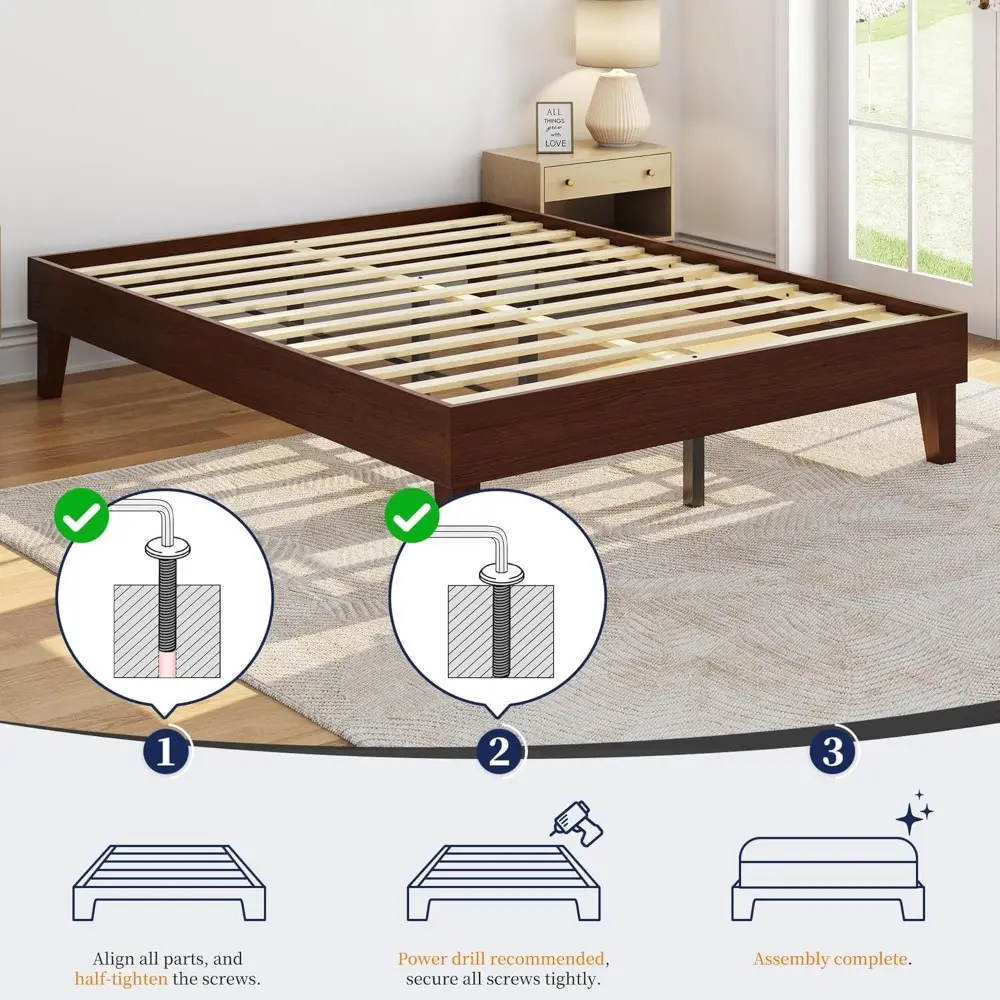 Yaheetech Queen Bed Frame Natural Solid Wood Platform Bed with Wooden Slats Support, 12-inch Underbed Space for Storage, Noise-F