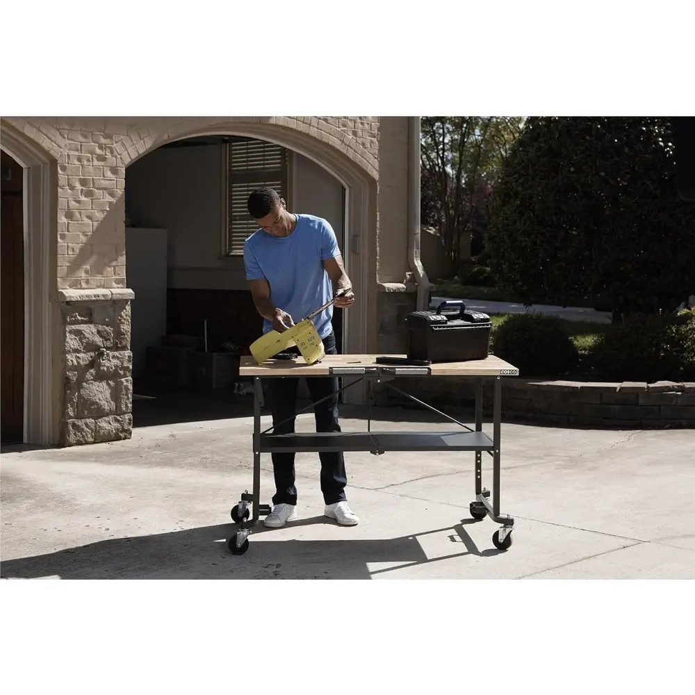 COSCO SmartFold Butcher Block Portable Workbench / Folding Utility Table (Hardwood Top, 700LB Total Weight Capacity, Locking Cas